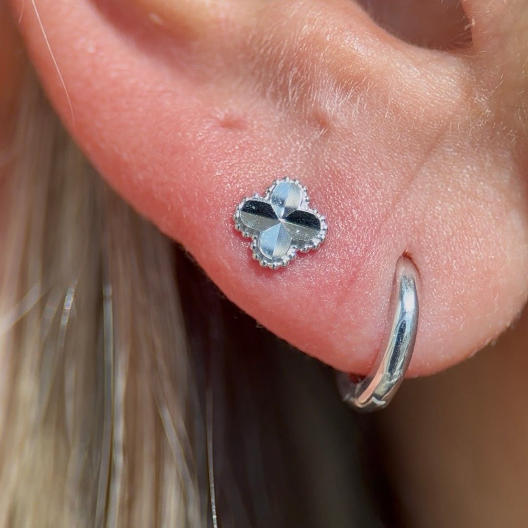 Diamond Cut Solid 14k White Gold Clover Flat Back Stud