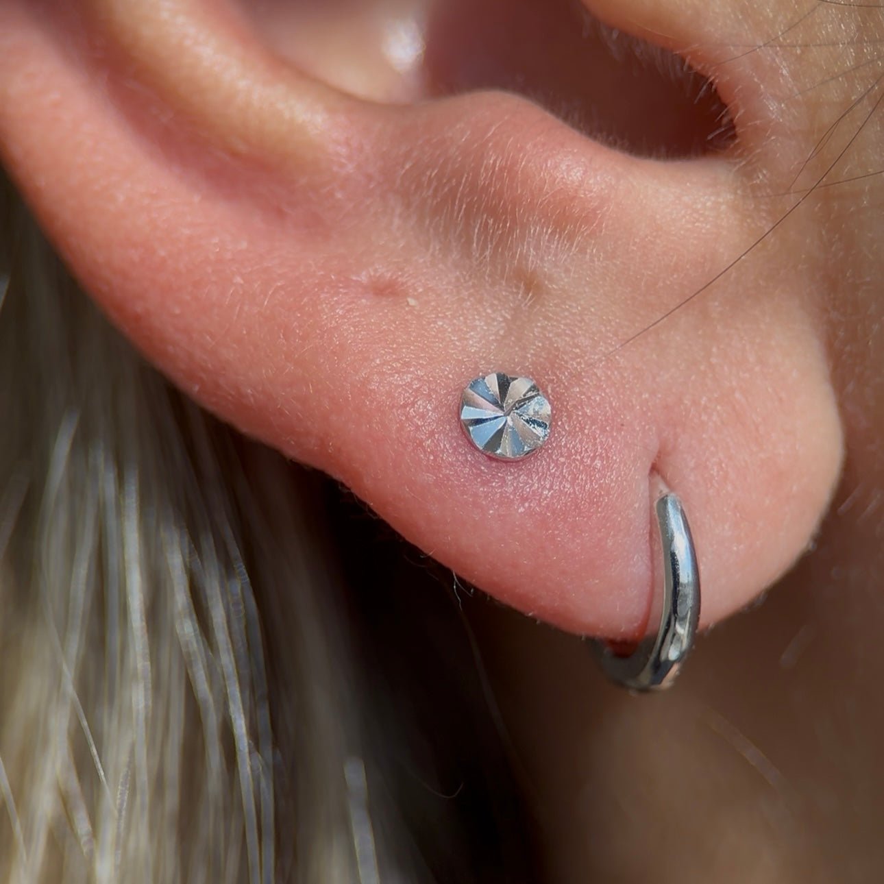 Diamond Cut Solid 14k White Gold Disc Flat Back Stud