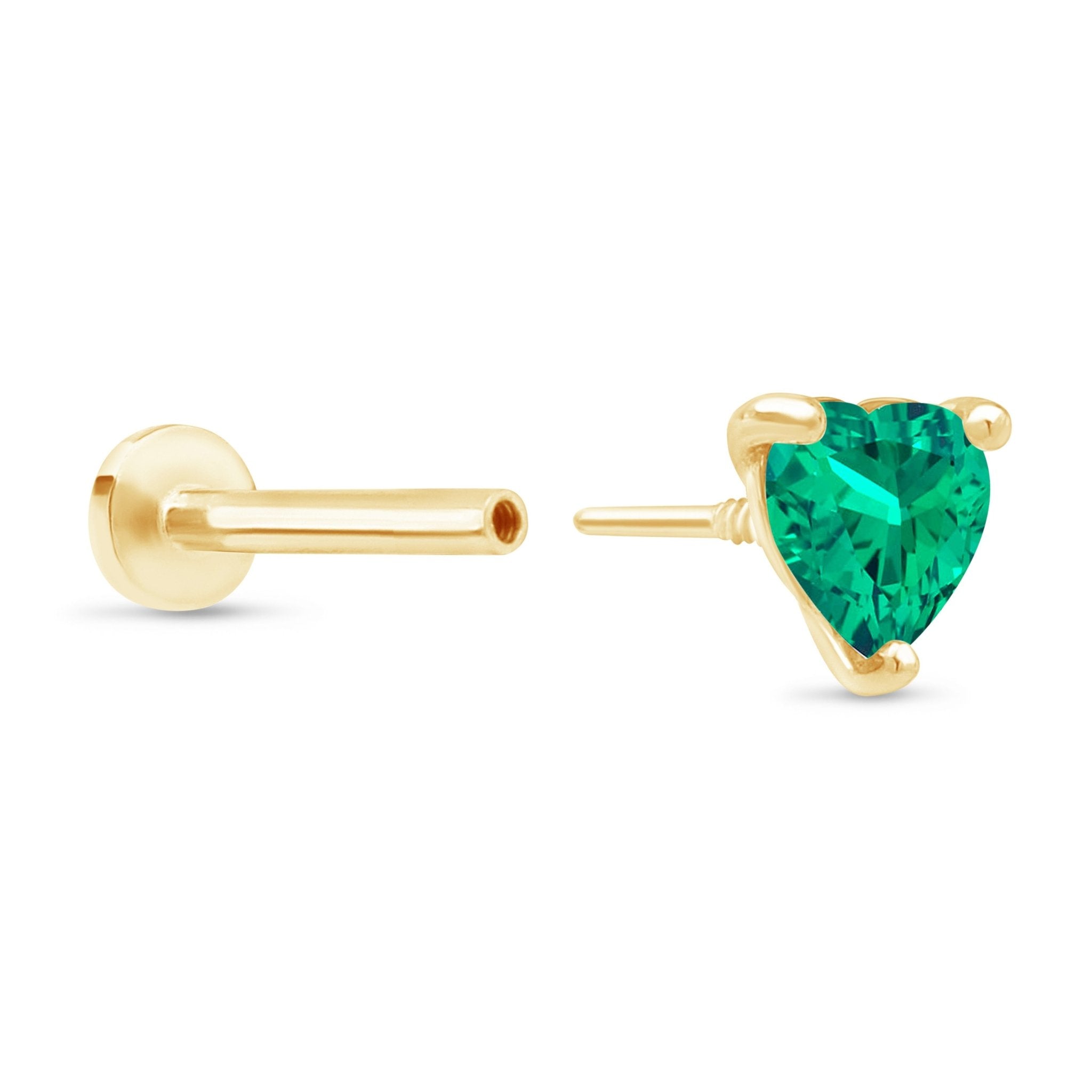 Emerald Heart Flat Back Stud in Solid 14k Yellow Gold