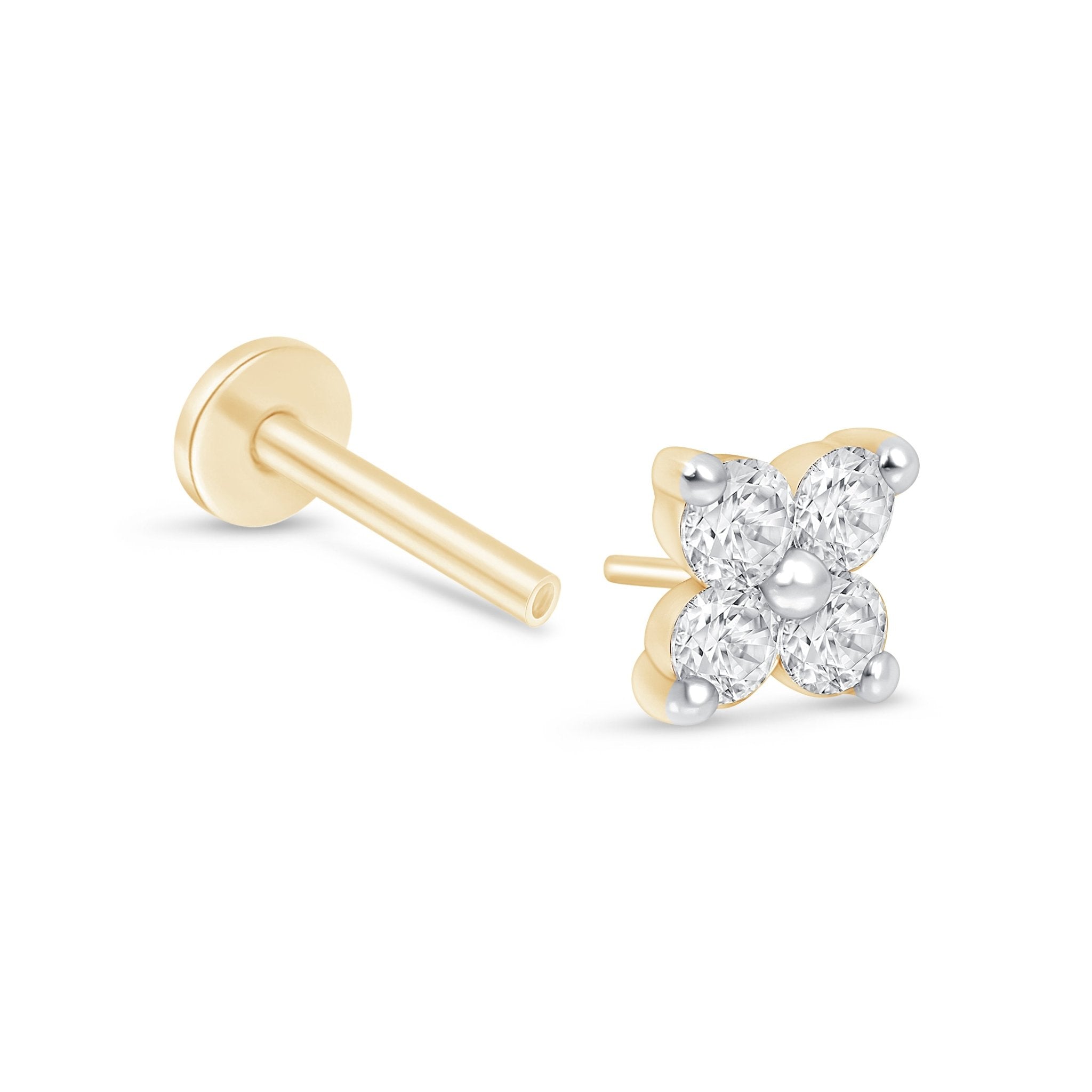 Diamond Four Petal Flower Flat Back Stud in Solid 14k Yellow Gold