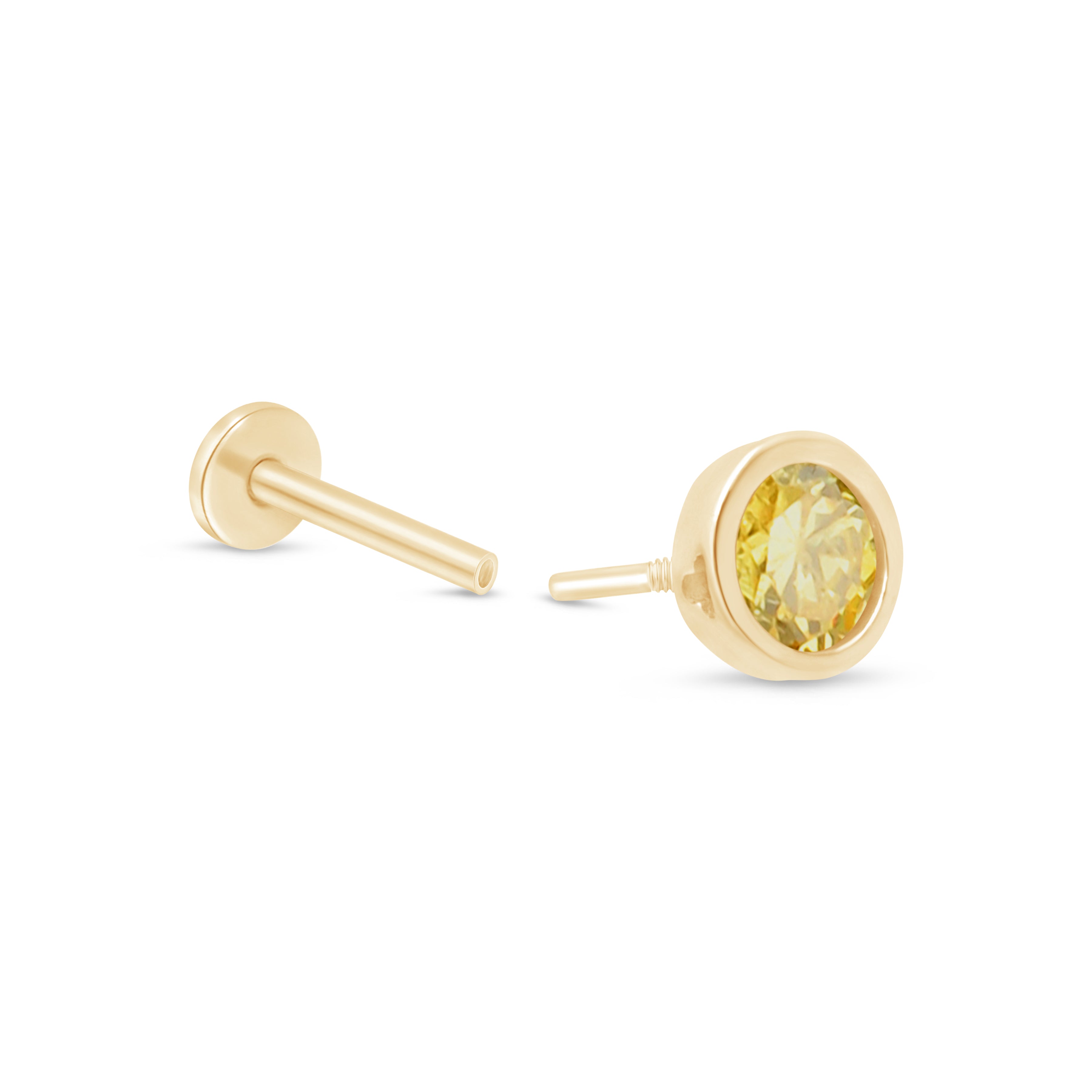 Round Citrine Flat Back Stud Bezel Zet in Solid 14k Yellow Gold