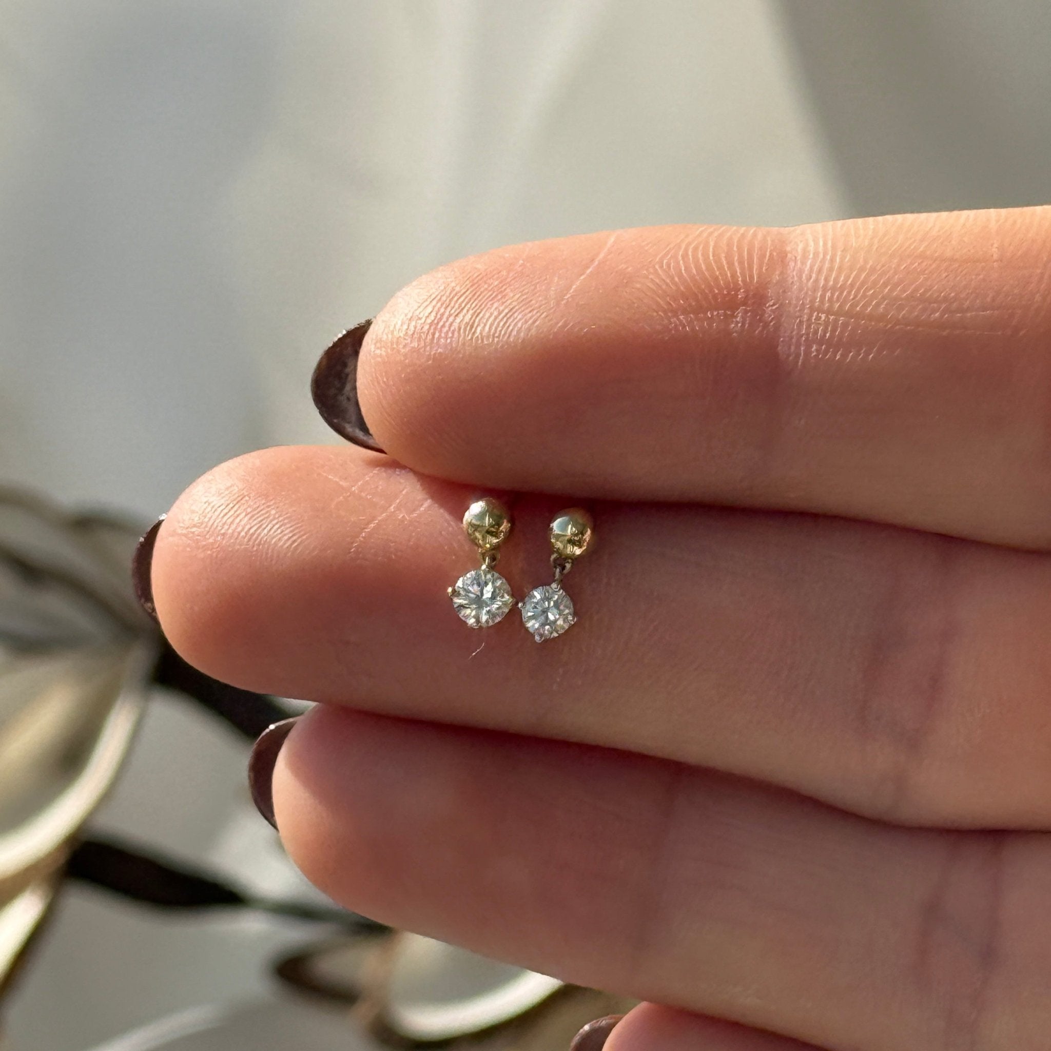 Solitaire Diamond Drop Flat Back Stud in Solid 14k White Gold