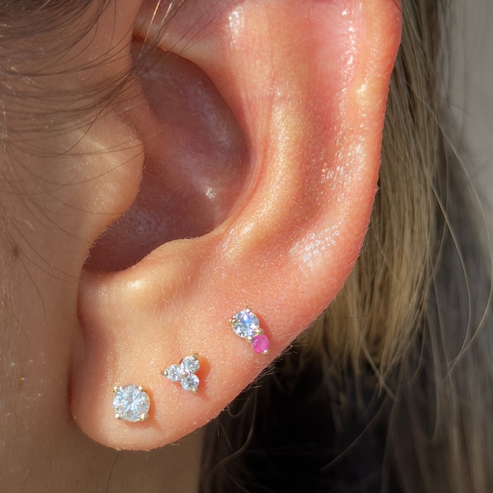 Diamond and Ruby Flat Back Stud in Solid 14k Yellow Gold