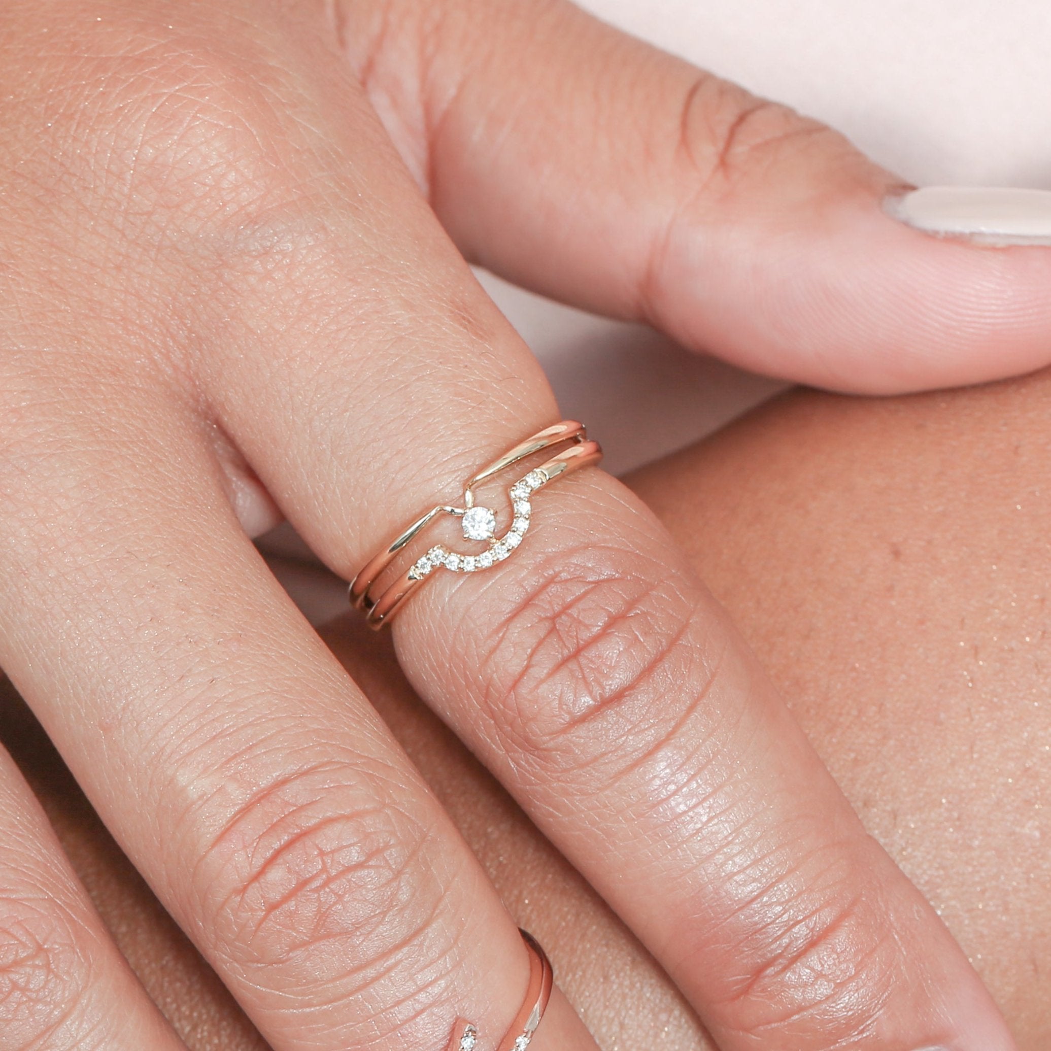 Diamond Curve Double Layer Band in Solid 14k Yellow Gold