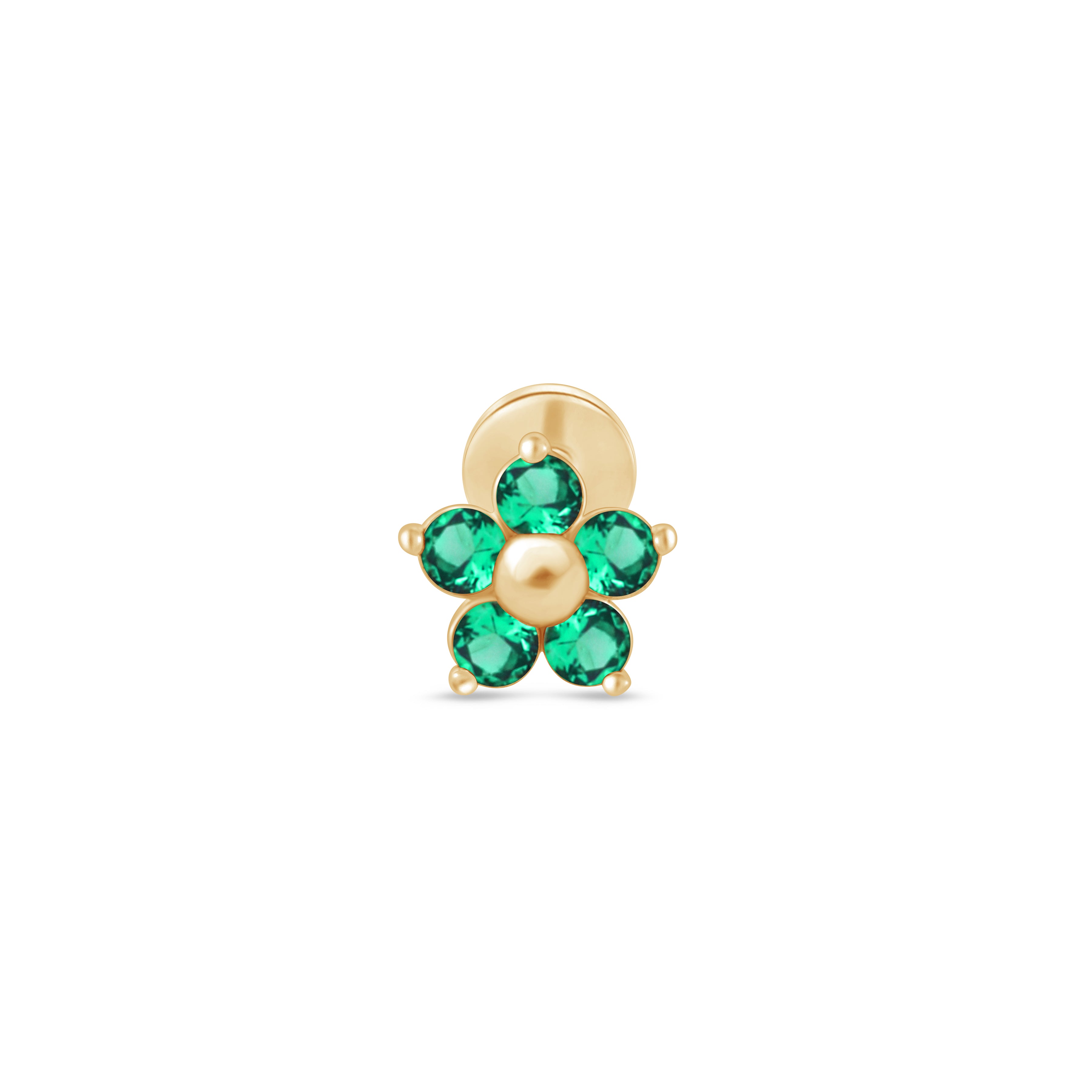 Emerald Flower Flat Back Stud in Solid 14k Yellow Gold