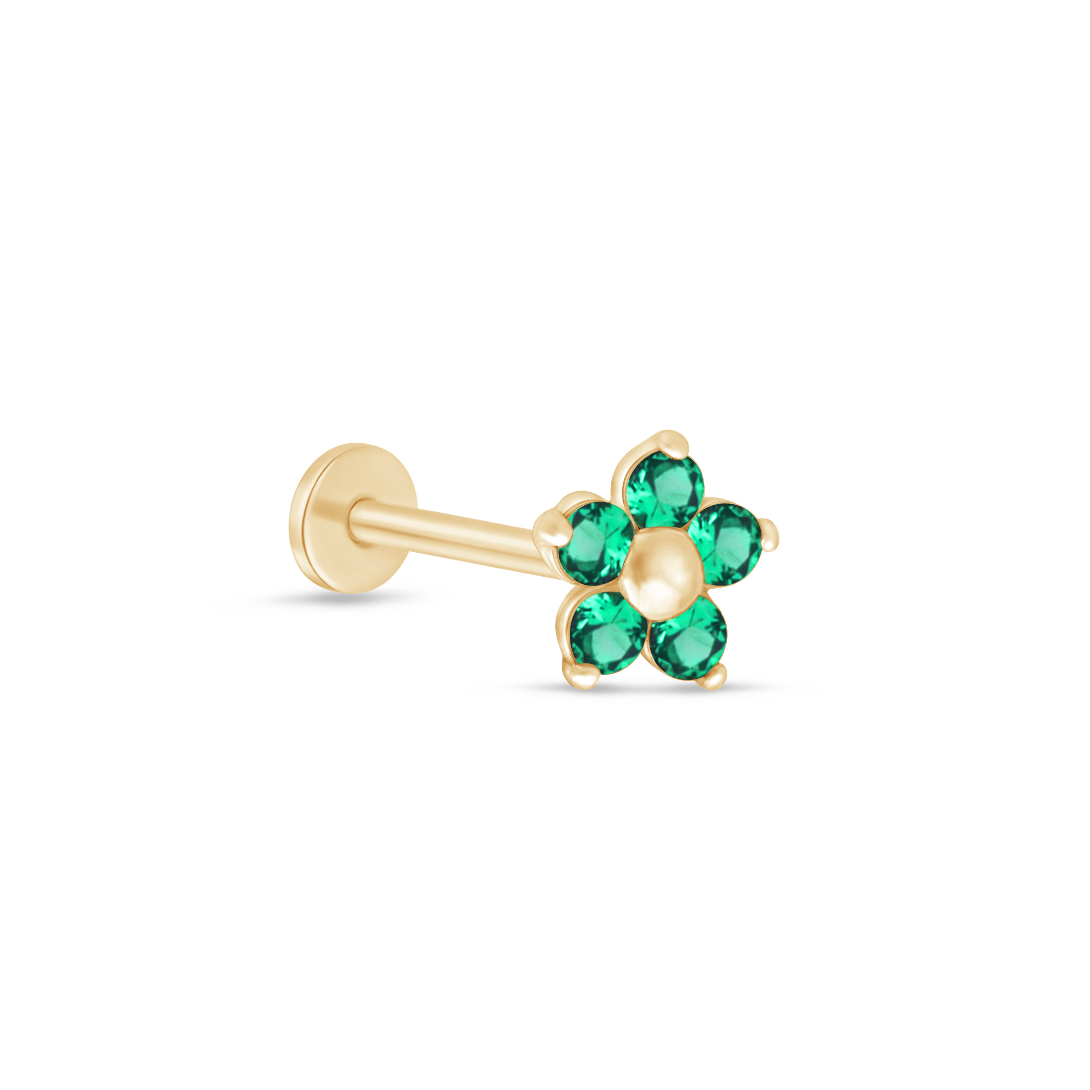 Emerald Flower Flat Back Stud in Solid 14k Yellow Gold