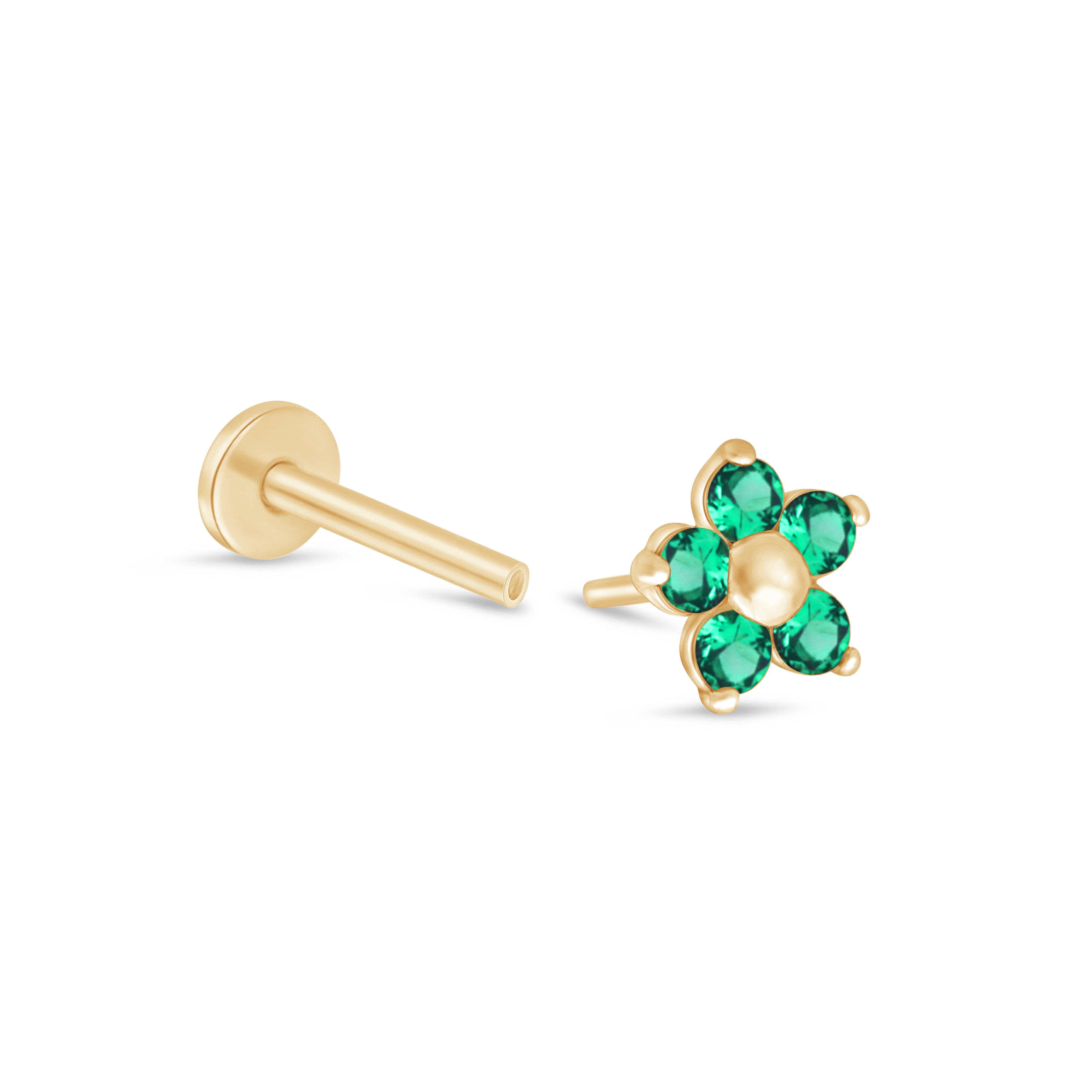 Emerald Flower Flat Back Stud in Solid 14k Yellow Gold