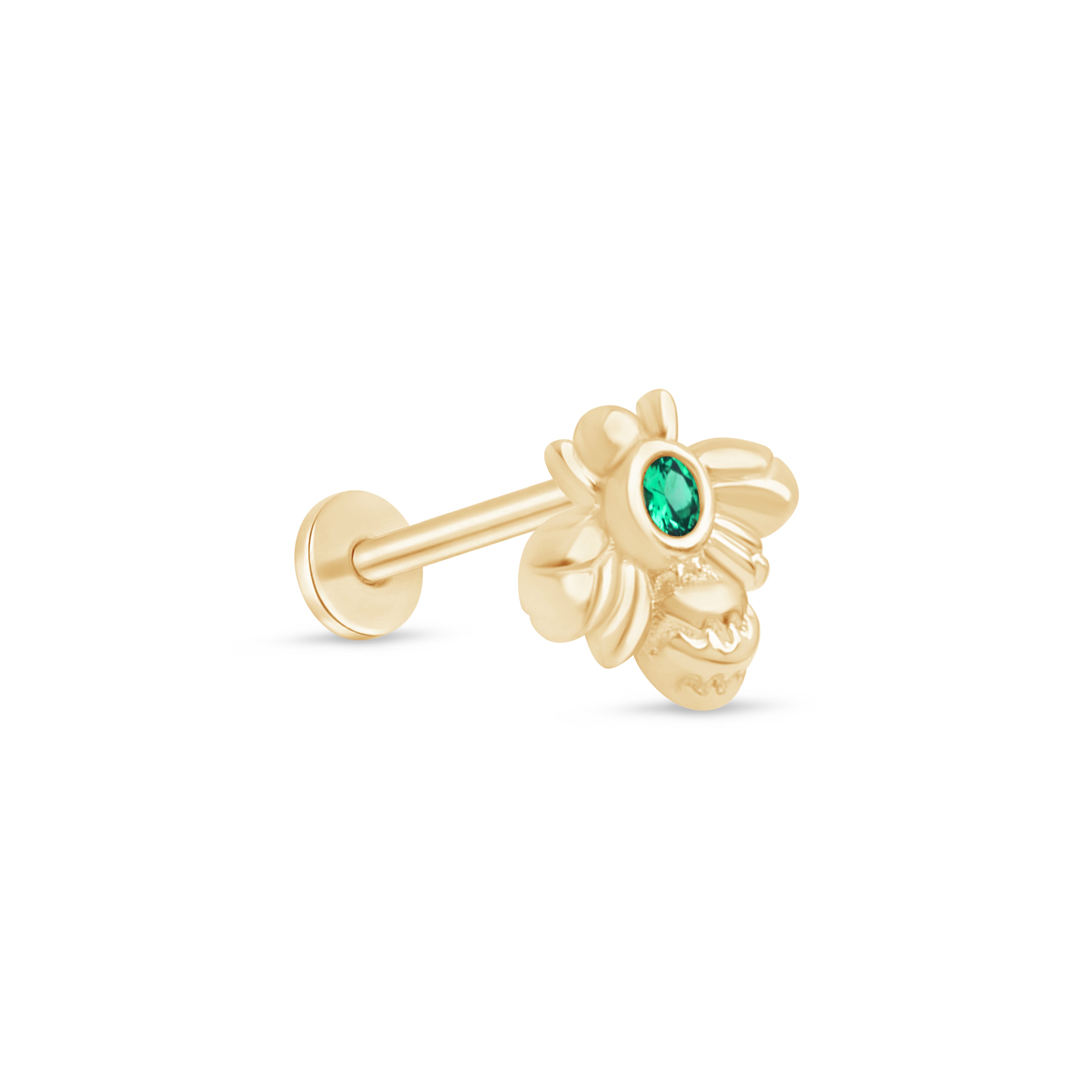 Emerald Bee Flat Back Stud in Solid 14k Yellow Gold