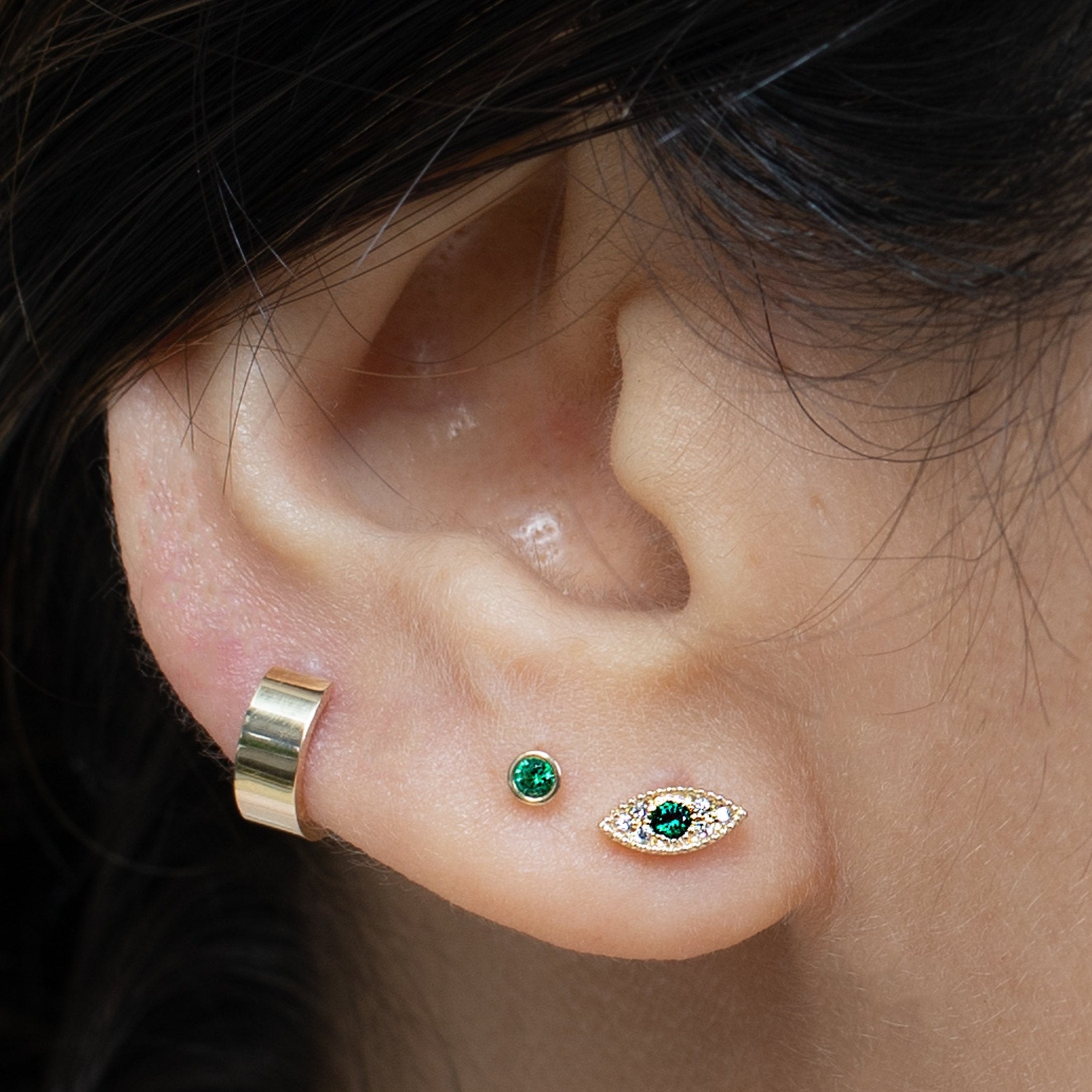 Emerald Evil Eye Flat Back Stud in Solid 14k Yellow Gold