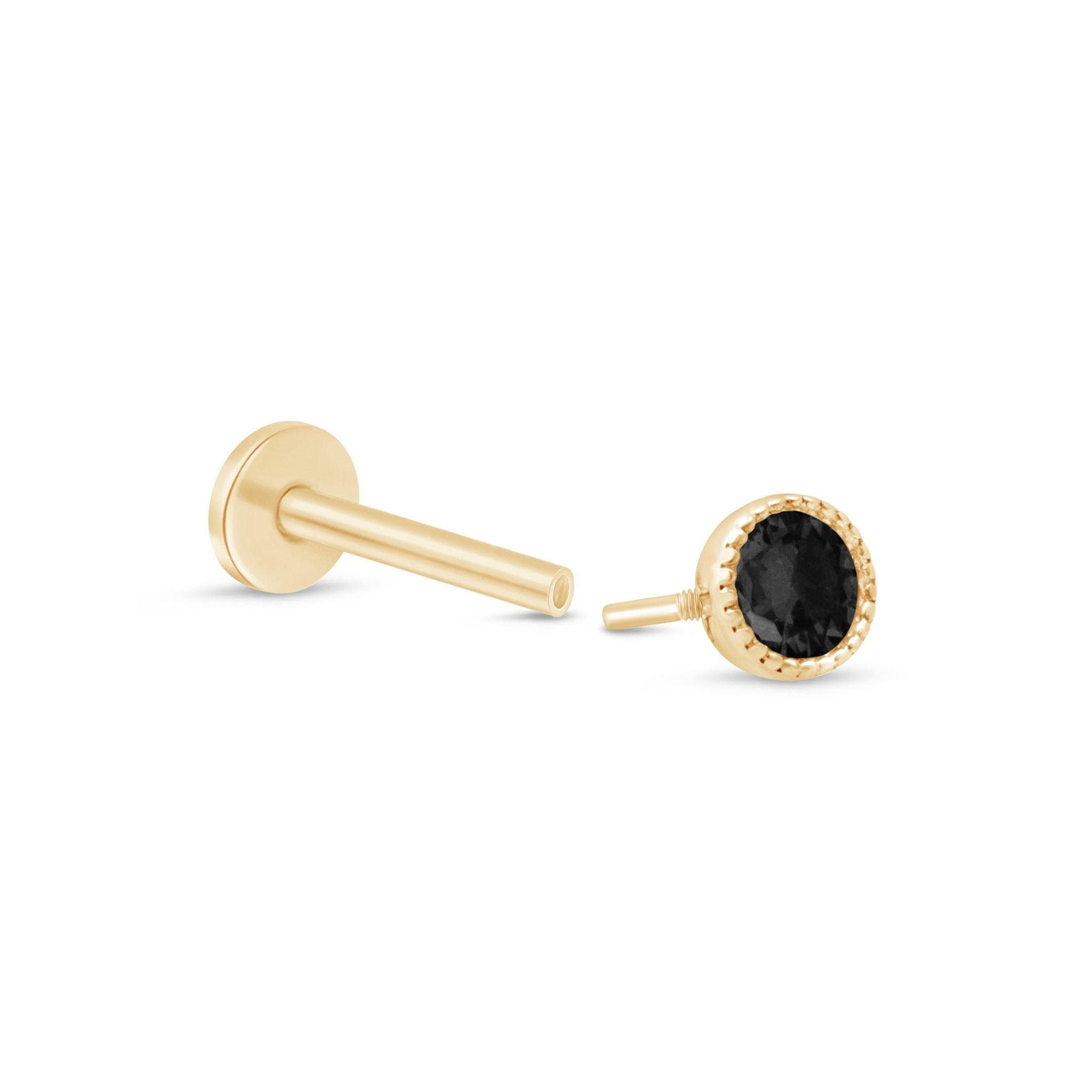 Black Onyx Flat Back Stud Milgrain Set in Solid 14k Yellow Gold