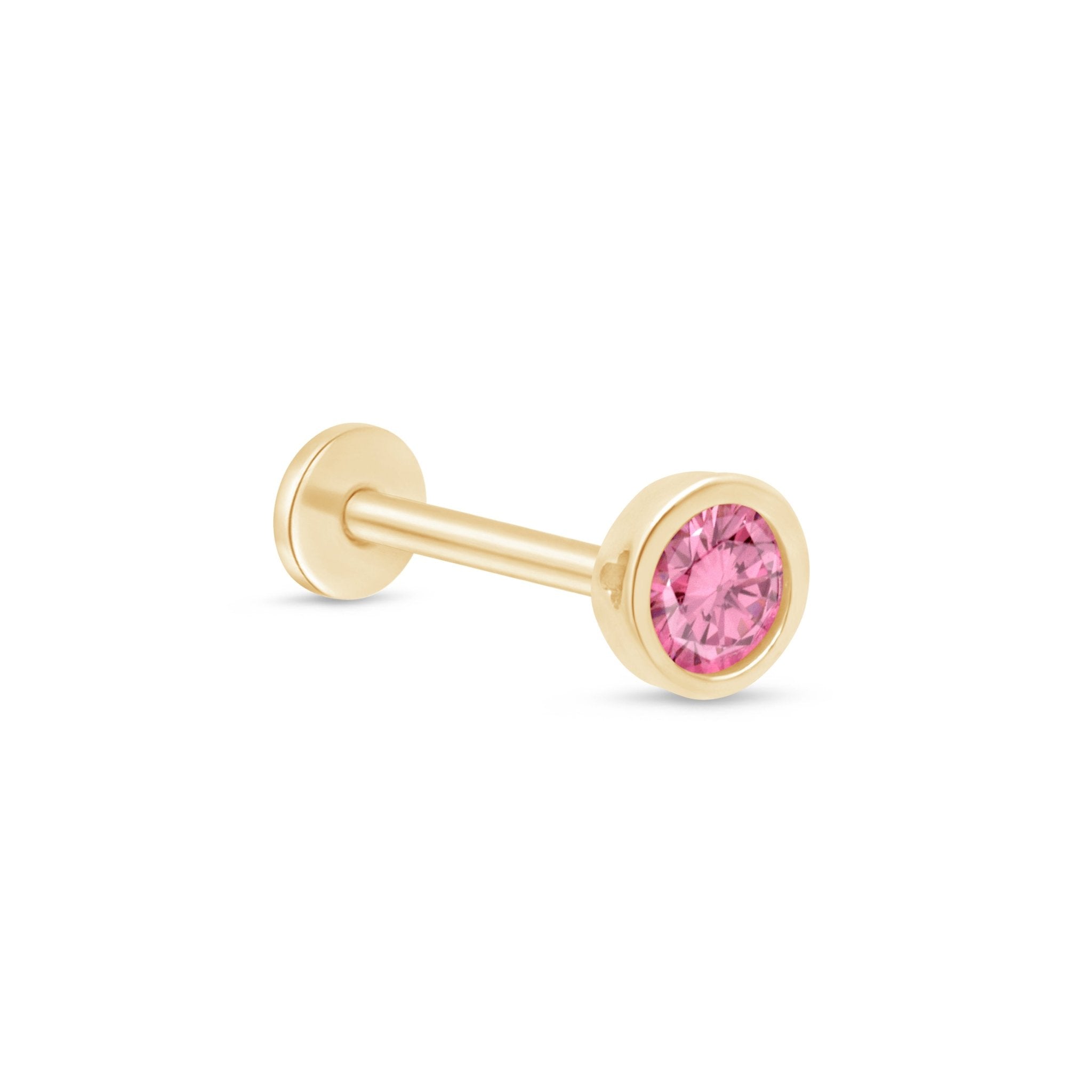 Round Pink Tourmaline Flat Back Stud Bezel Set in Solid 14k Yellow Gold