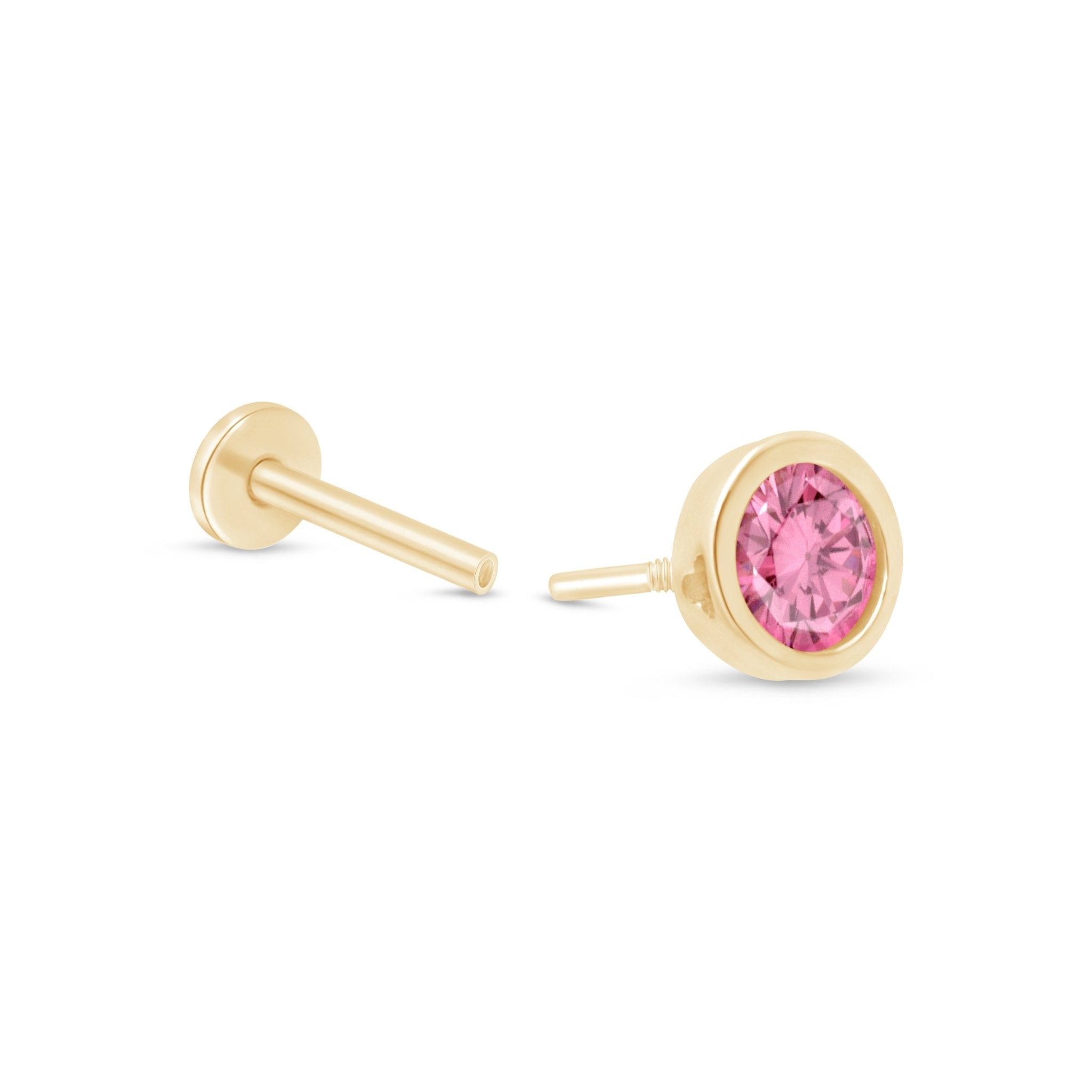 Round Pink Tourmaline Flat Back Stud Bezel Set in Solid 14k Yellow Gold