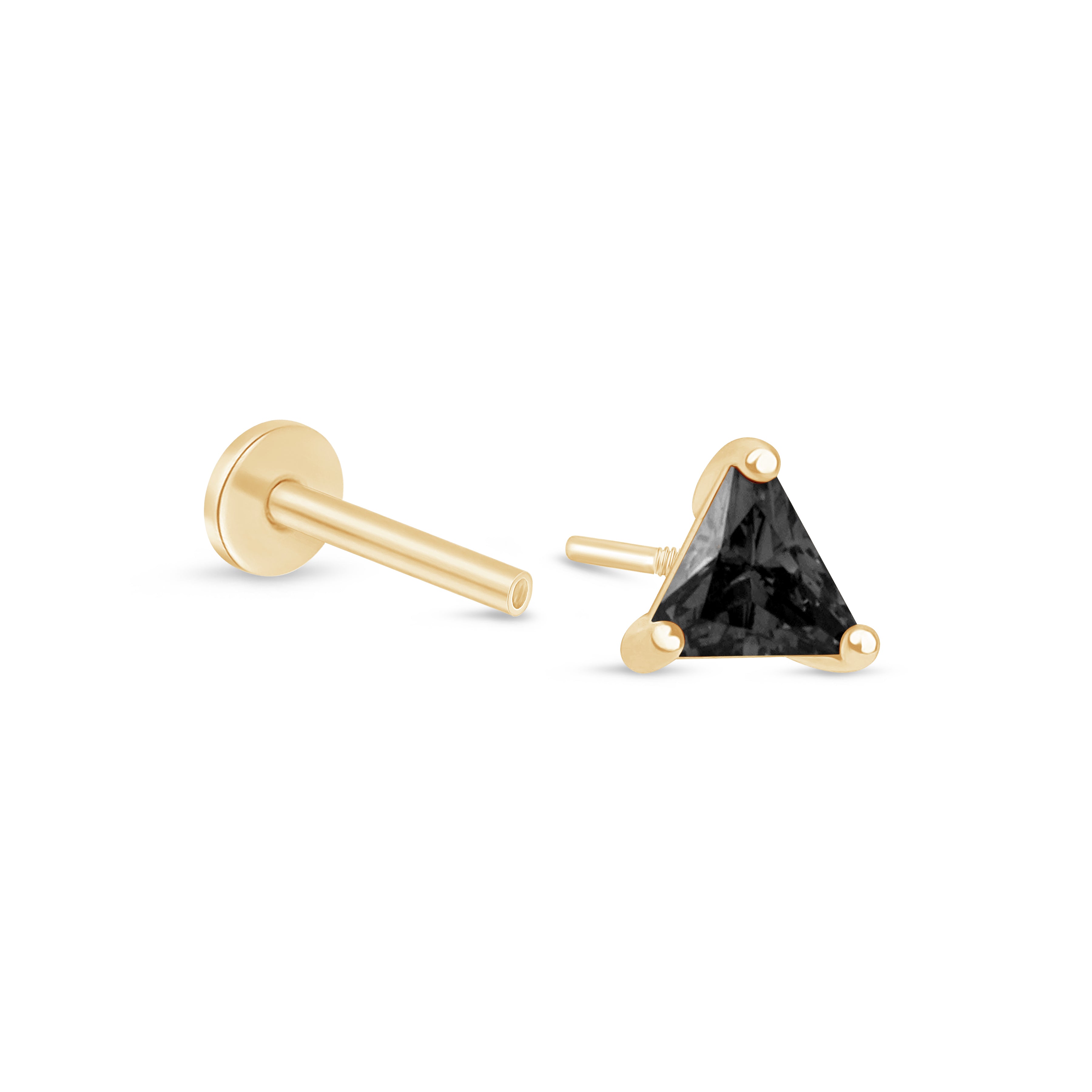 Triangle Cut Black Onyx Flat Back Stud in Solid 14k Yellow Gold