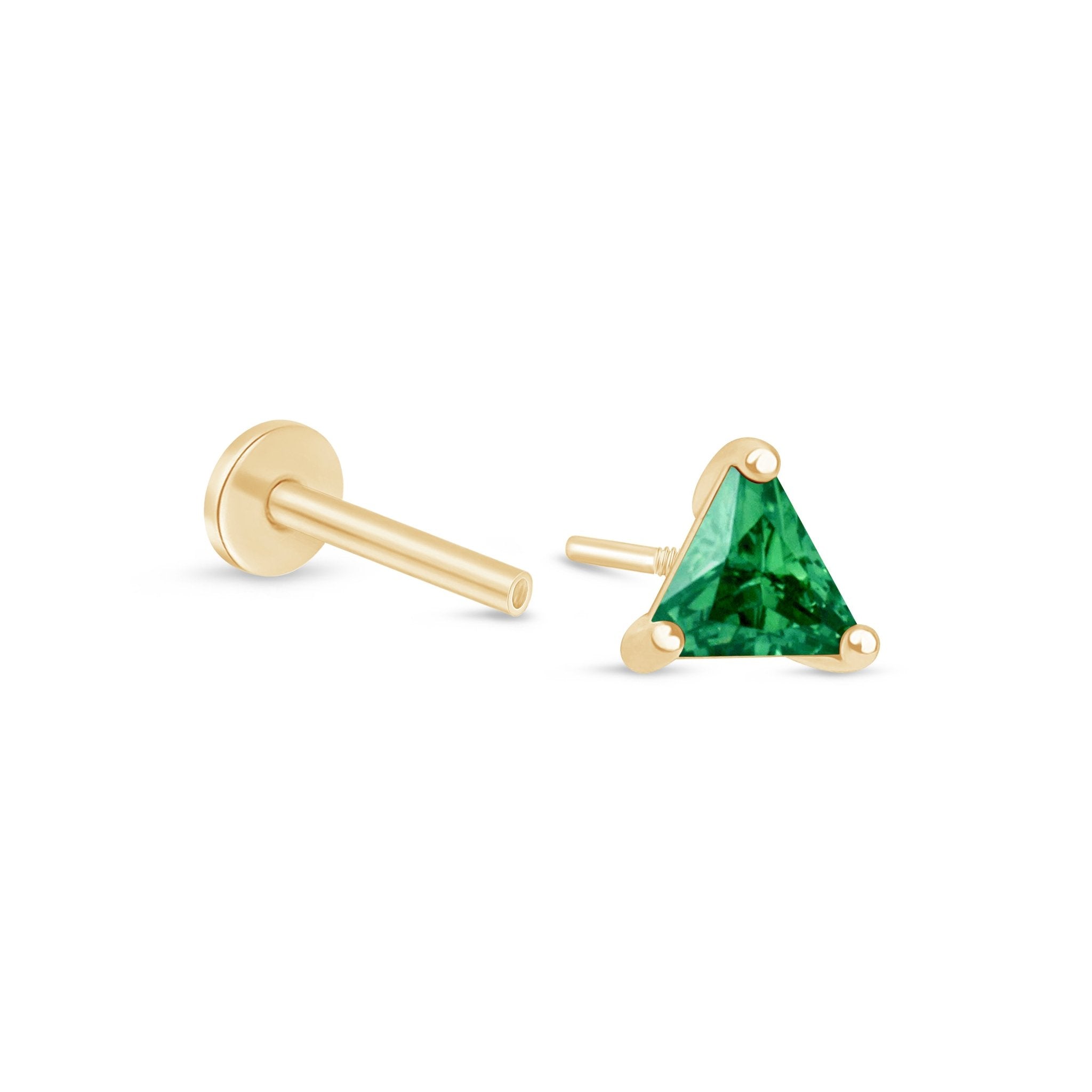 Triangle Cut Emerald Flat Back Stud in Solid 14k Yellow Gold