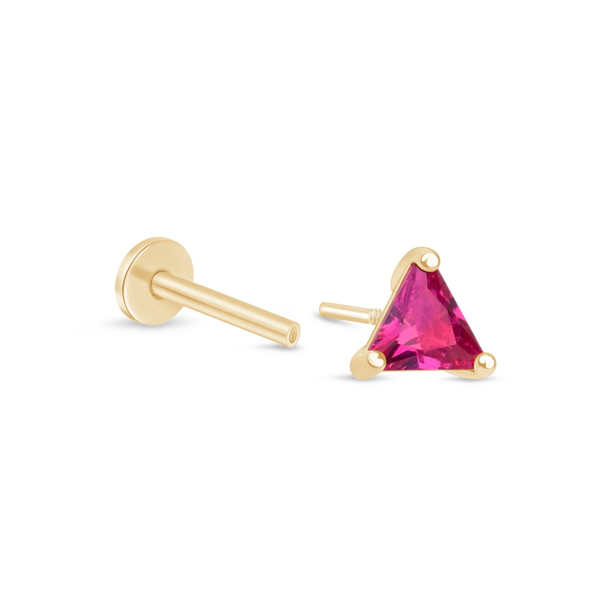 Triangle Cut Ruby Flat Back Stud in Solid 14k Yellow Gold