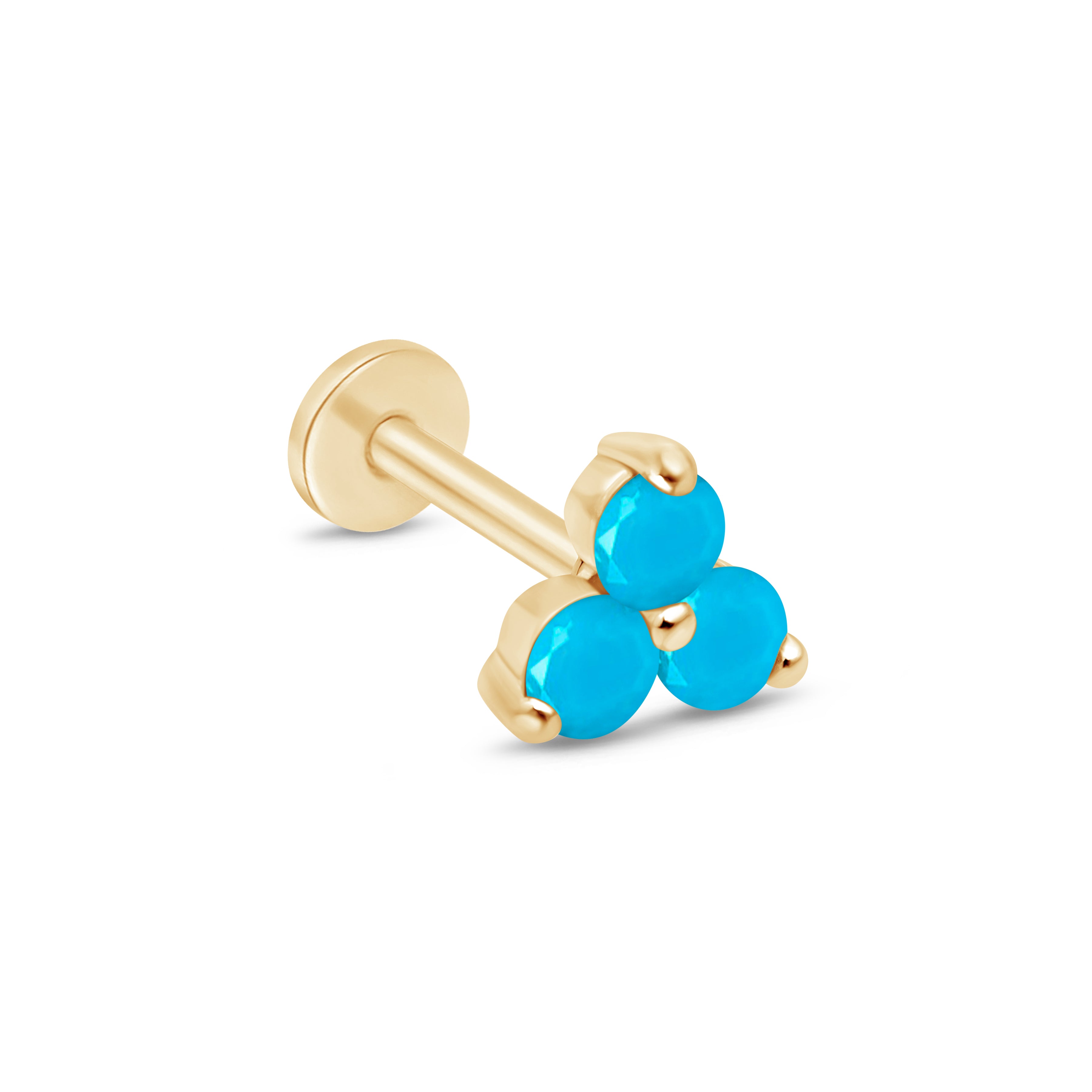 Turquoise Trinity Cluster Flat Back Stud  in Solid 14k Yellow Gold