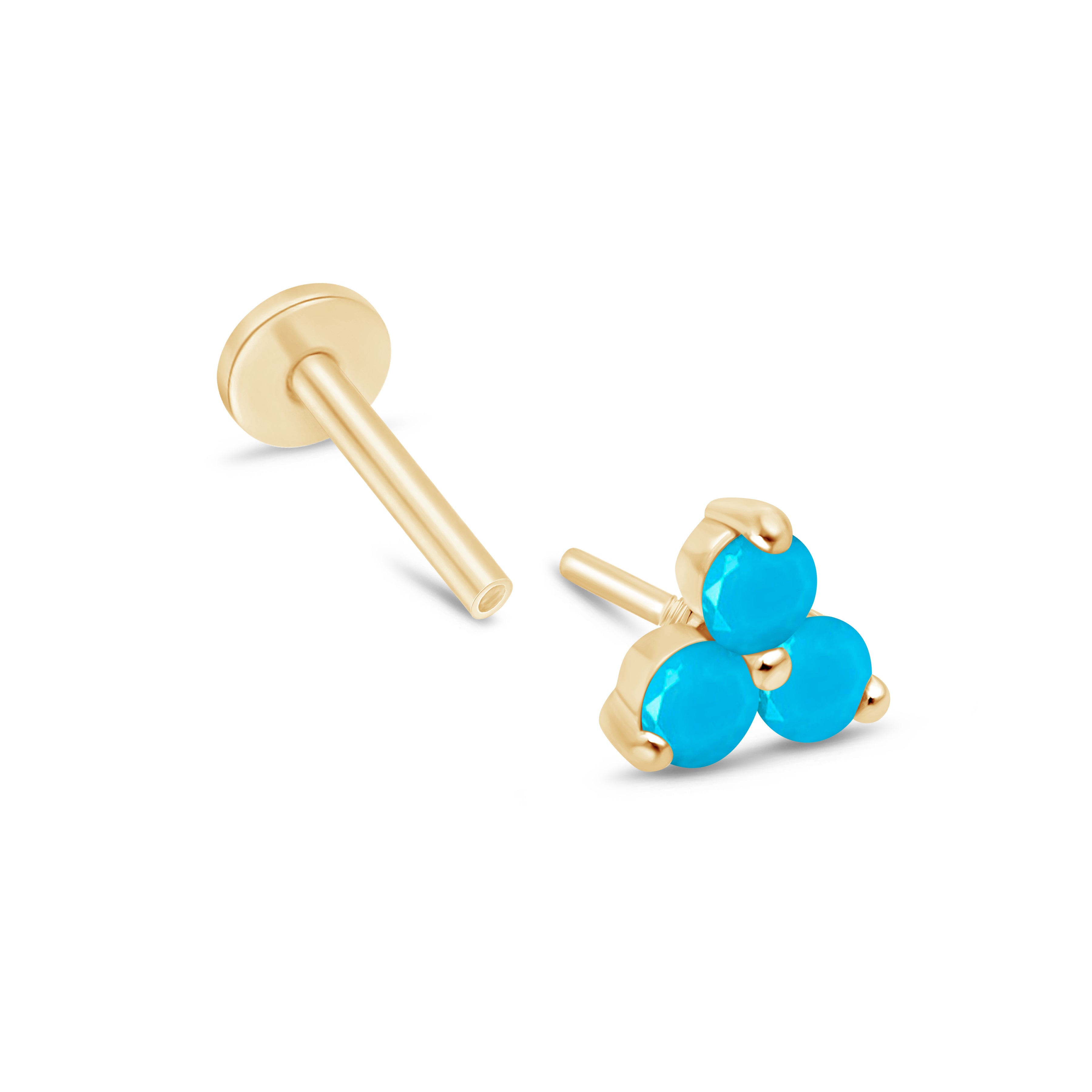 Turquoise Trinity Cluster Flat Back Stud  in Solid 14k Yellow Gold