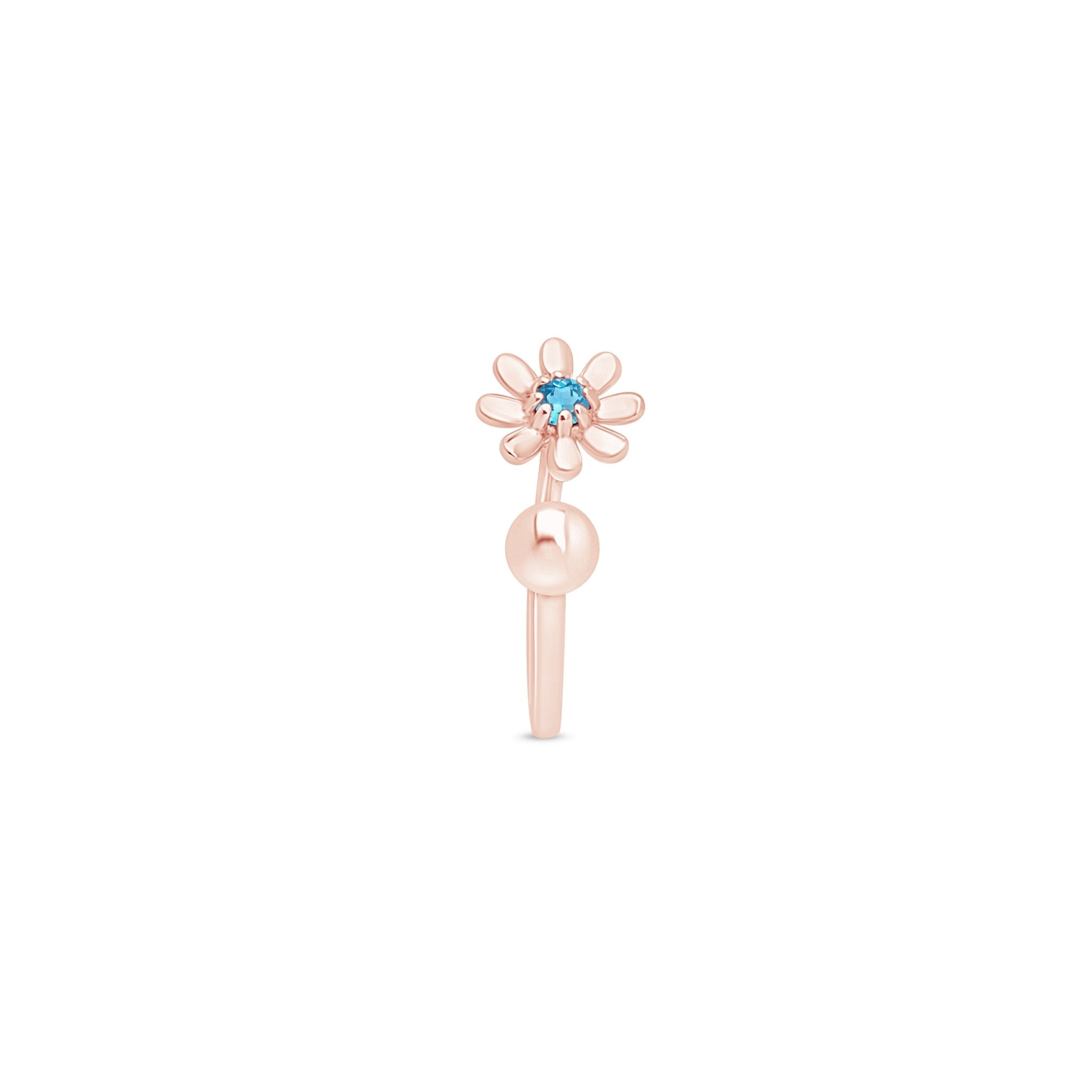 Blue Diamond Flower & Ball Reversible Huggie Hoop in Solid 14k Rose Gold