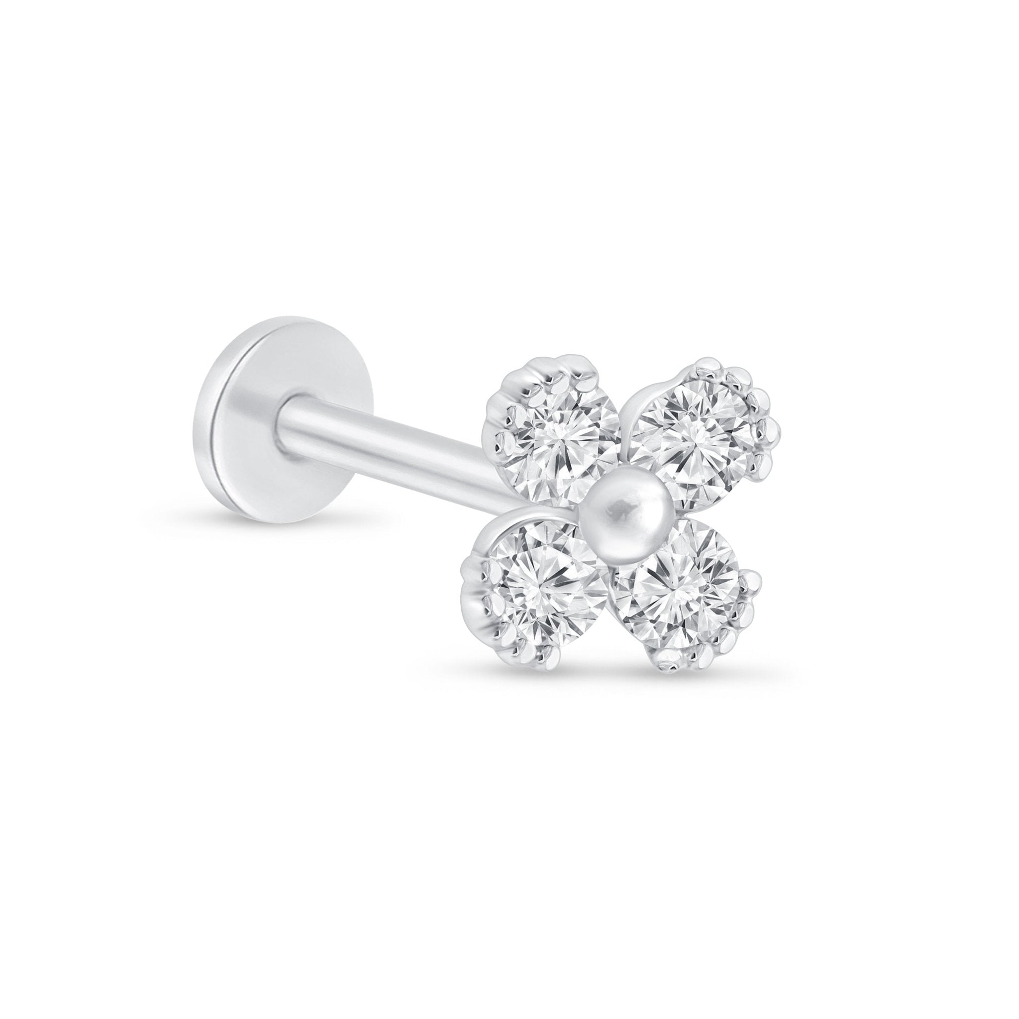 Beaded Four Petal Flower Diamond Flat Back Stud in Solid 14k White Gold