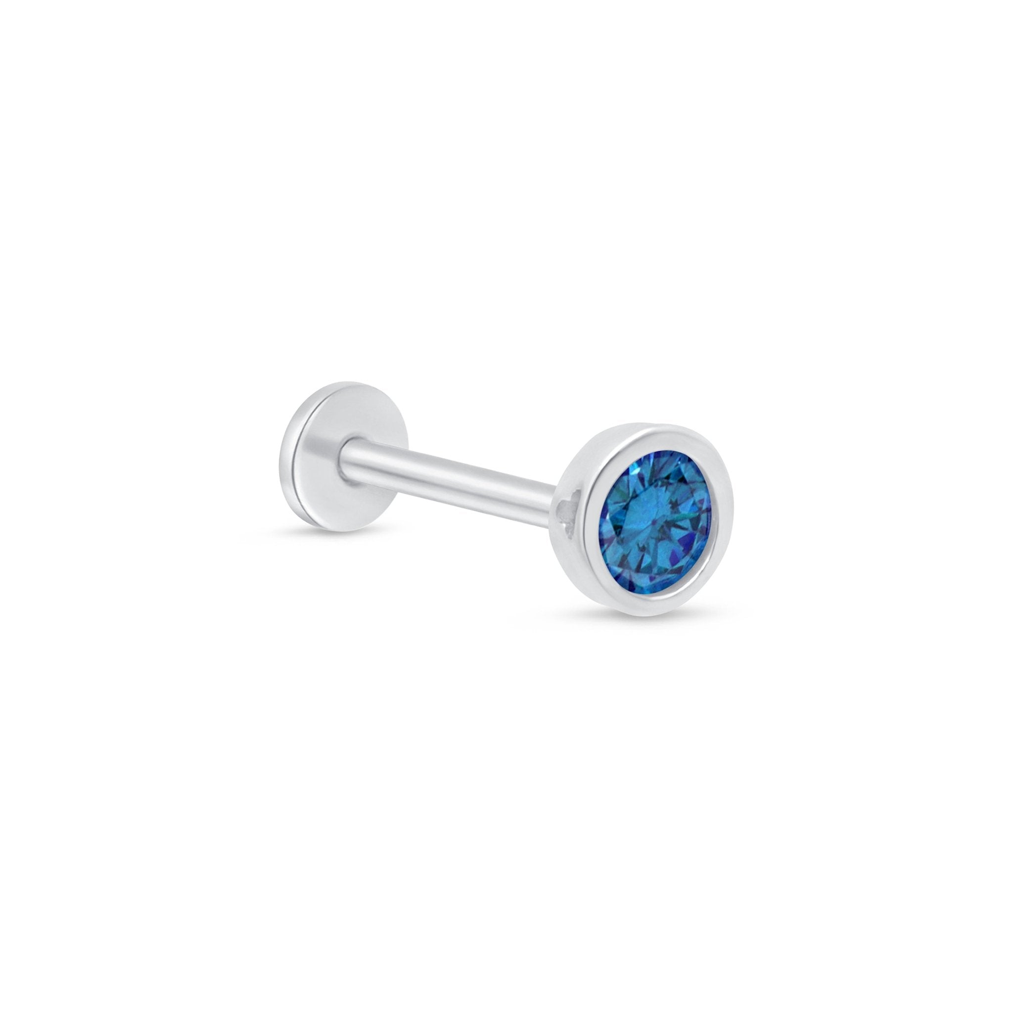 Round Blue Topaz Flat Back Stud Bezel Set in Solid 14k White Gold