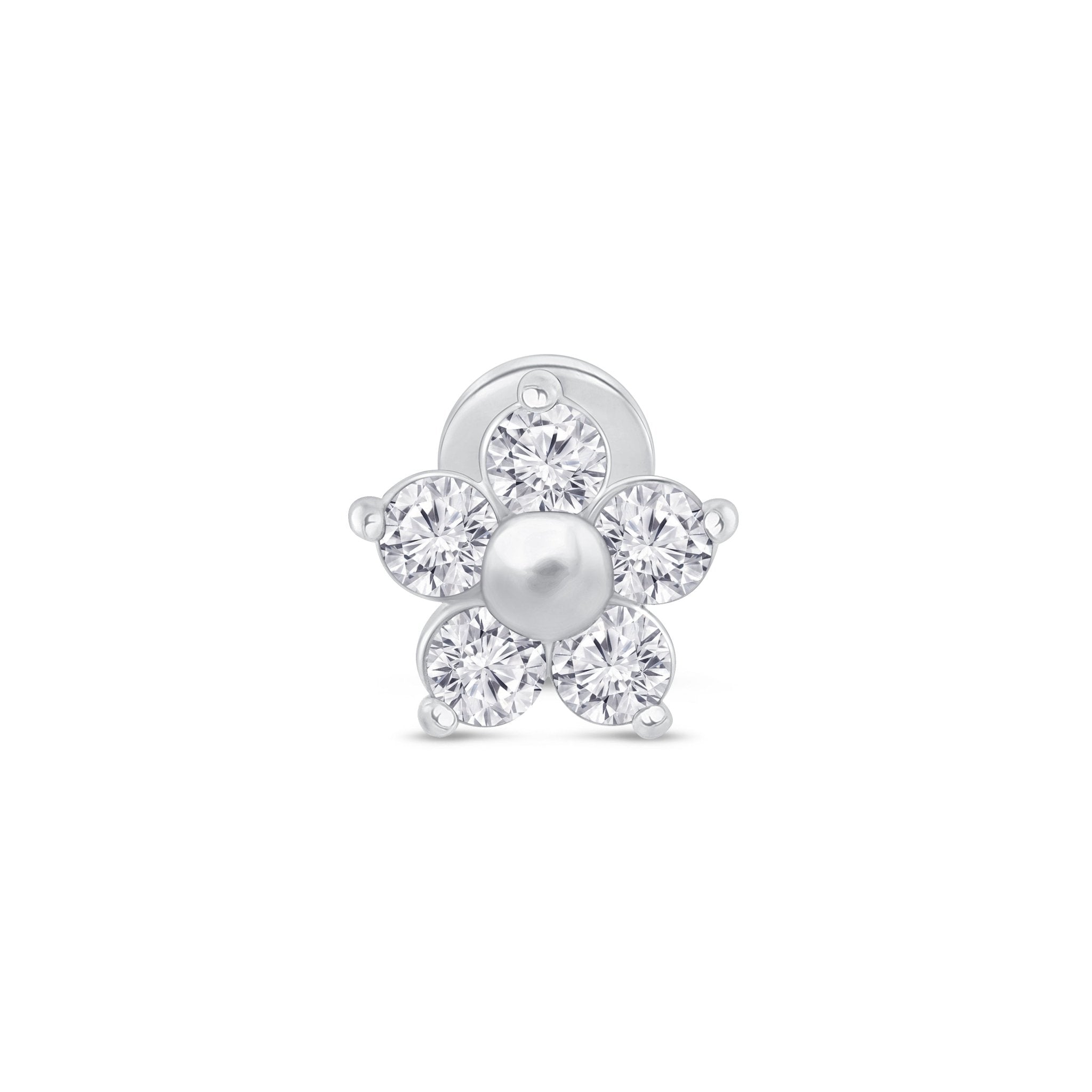 Diamond Flower Flat Back Stud in in Solid 14k White Gold