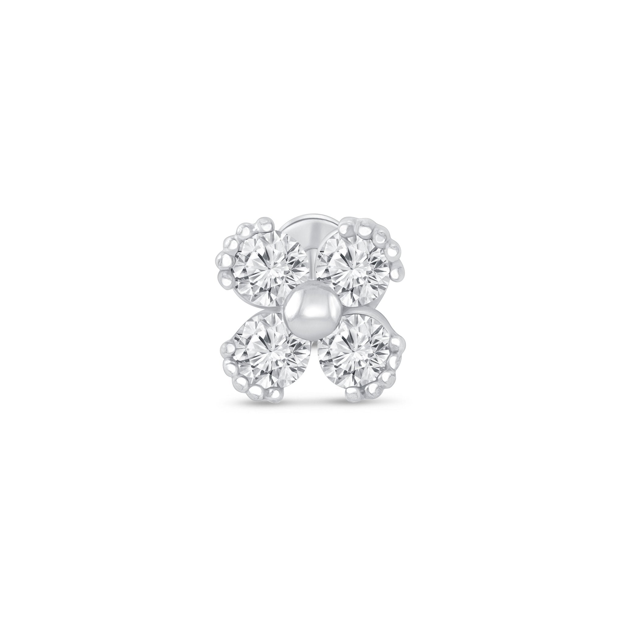 Beaded Four Petal Flower Diamond Flat Back Stud in Solid 14k White Gold
