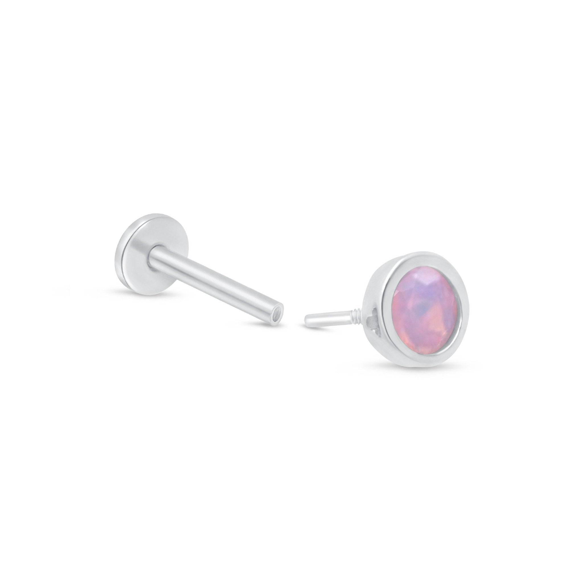 Round Pink Opal Flat Back Stud Bezel Set in Solid 14k White Gold