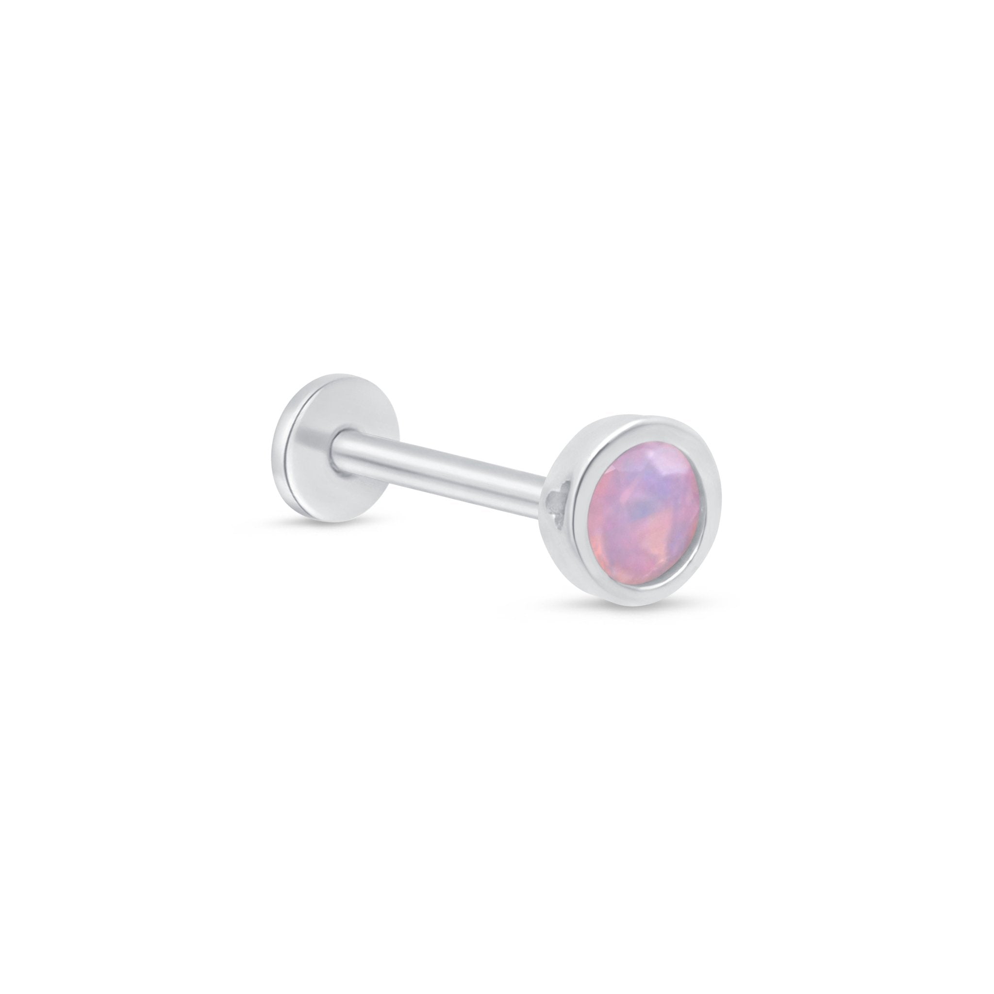 Round Pink Opal Flat Back Stud Bezel Set in Solid 14k White Gold