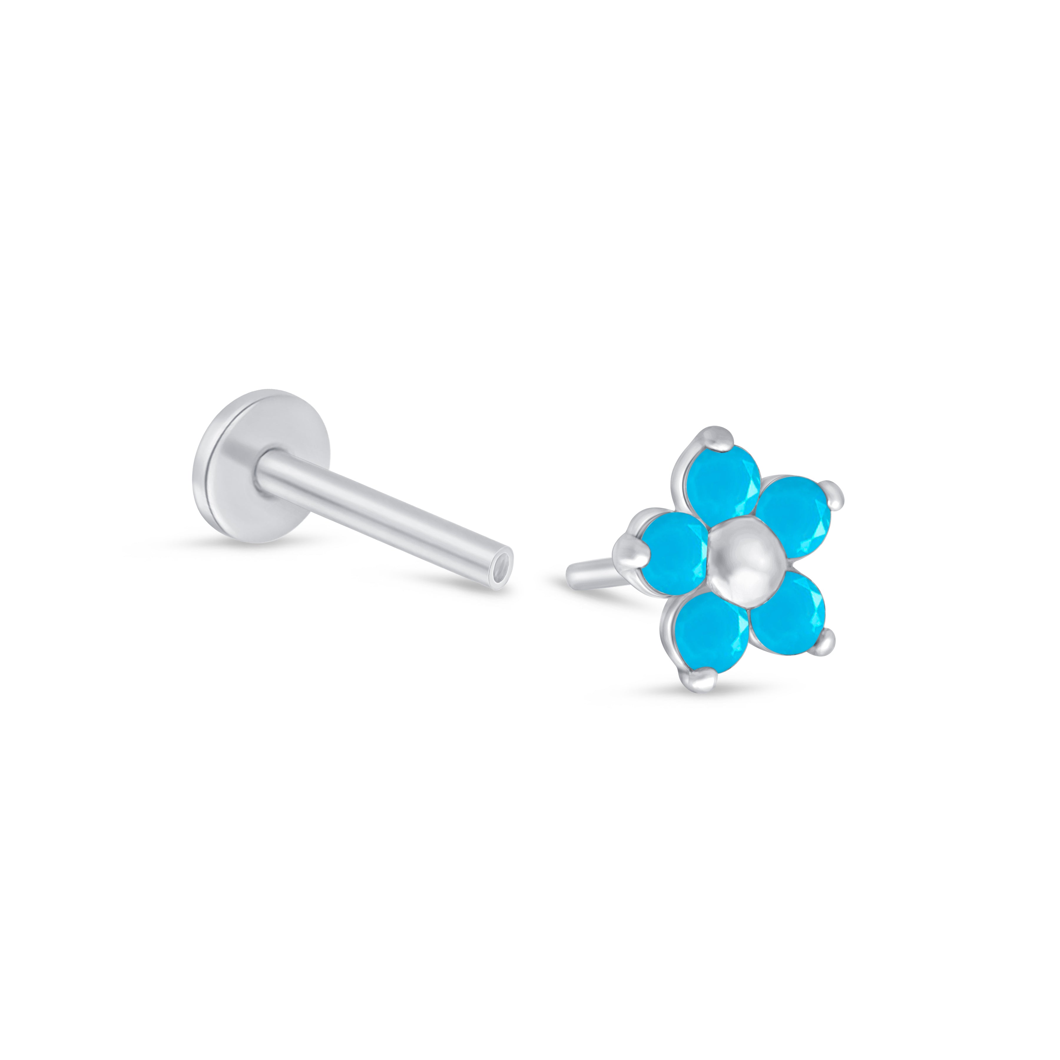 Turquoise Flower Flat Back Stud in Solid 14k White Gold