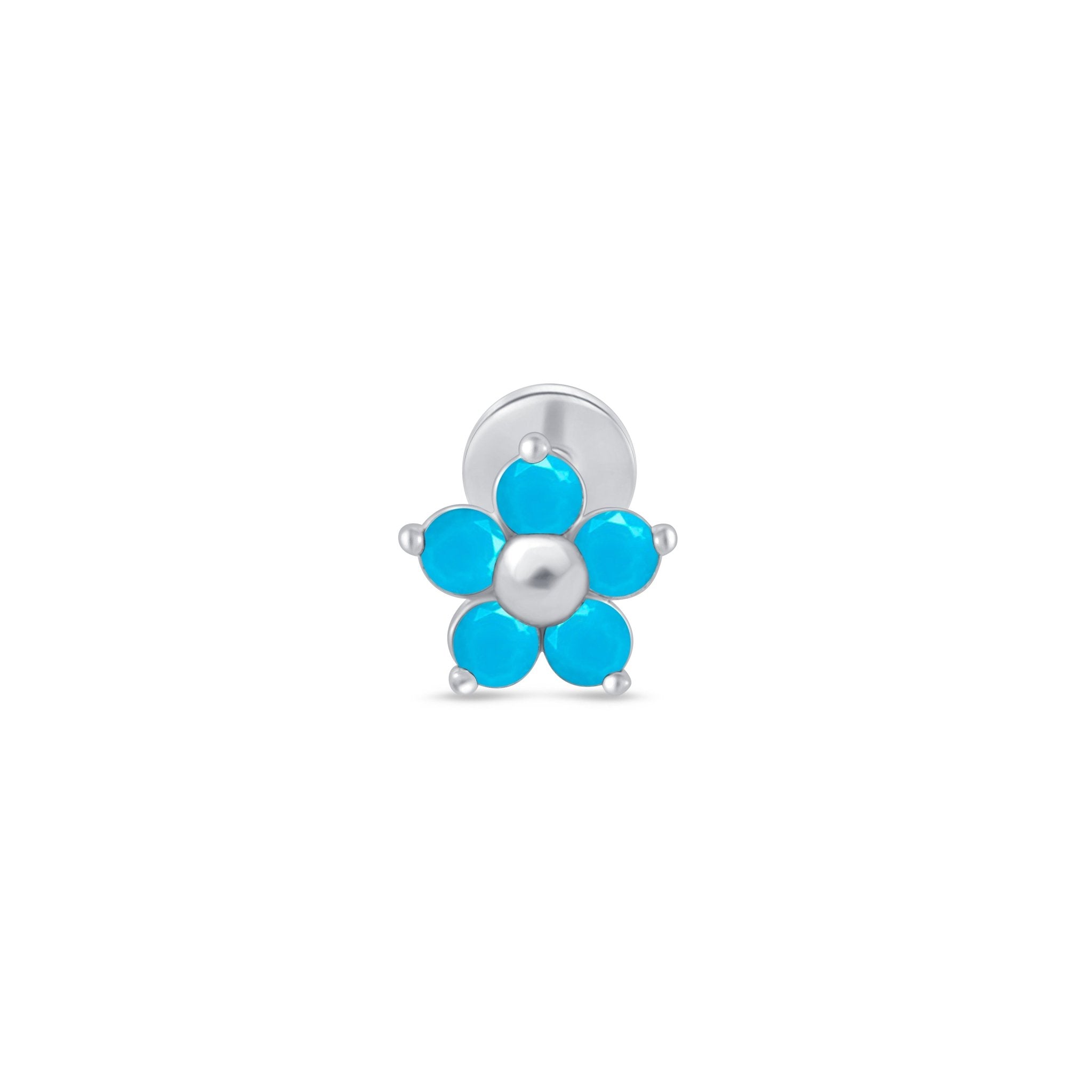 Turquoise Flower Flat Back Stud in Solid 14k White Gold