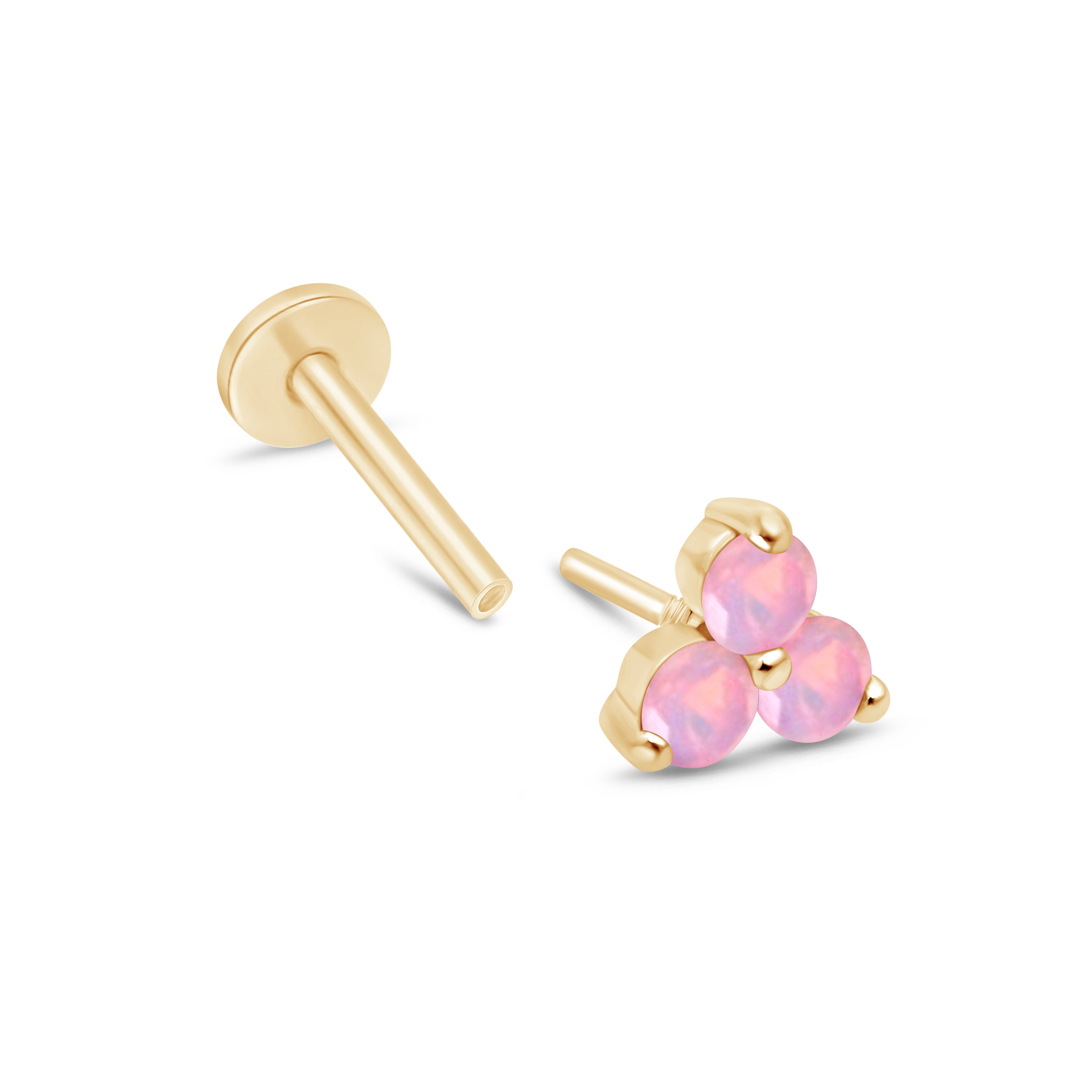 Pink Opal Trinity Cluster Flat Back Stud in Solid 14k Yellow Gold