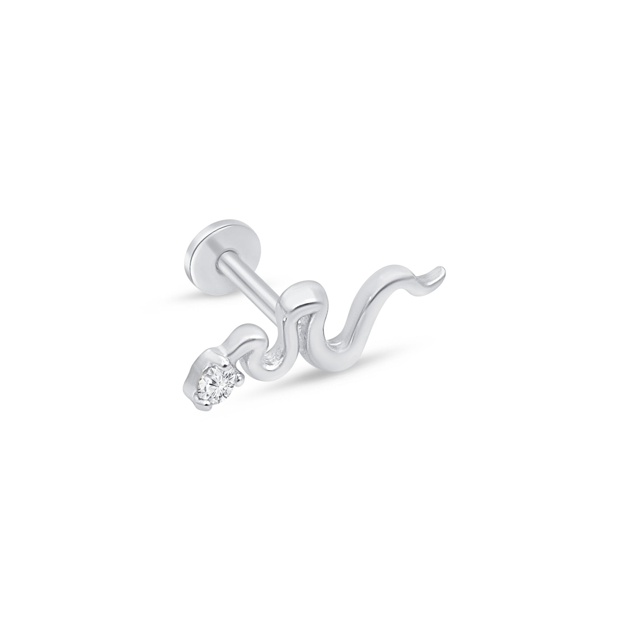 Snake Flat Back Stud with Stone in Solid 14k White Gold