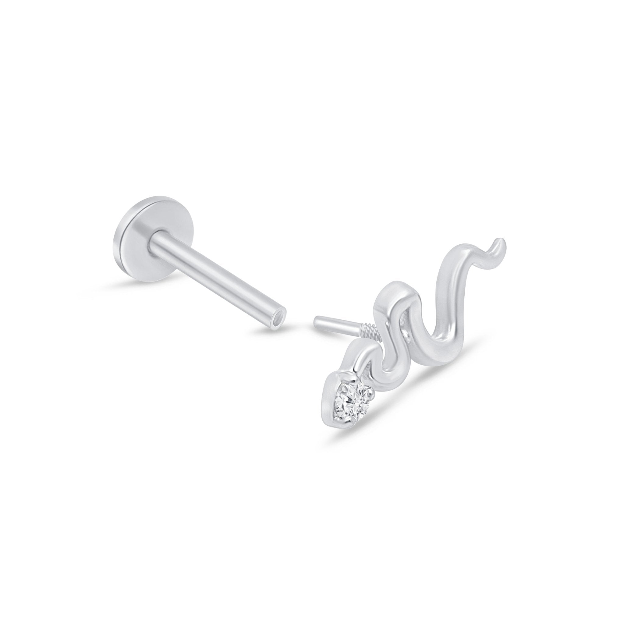 Snake Flat Back Stud with Stone in Solid 14k White Gold