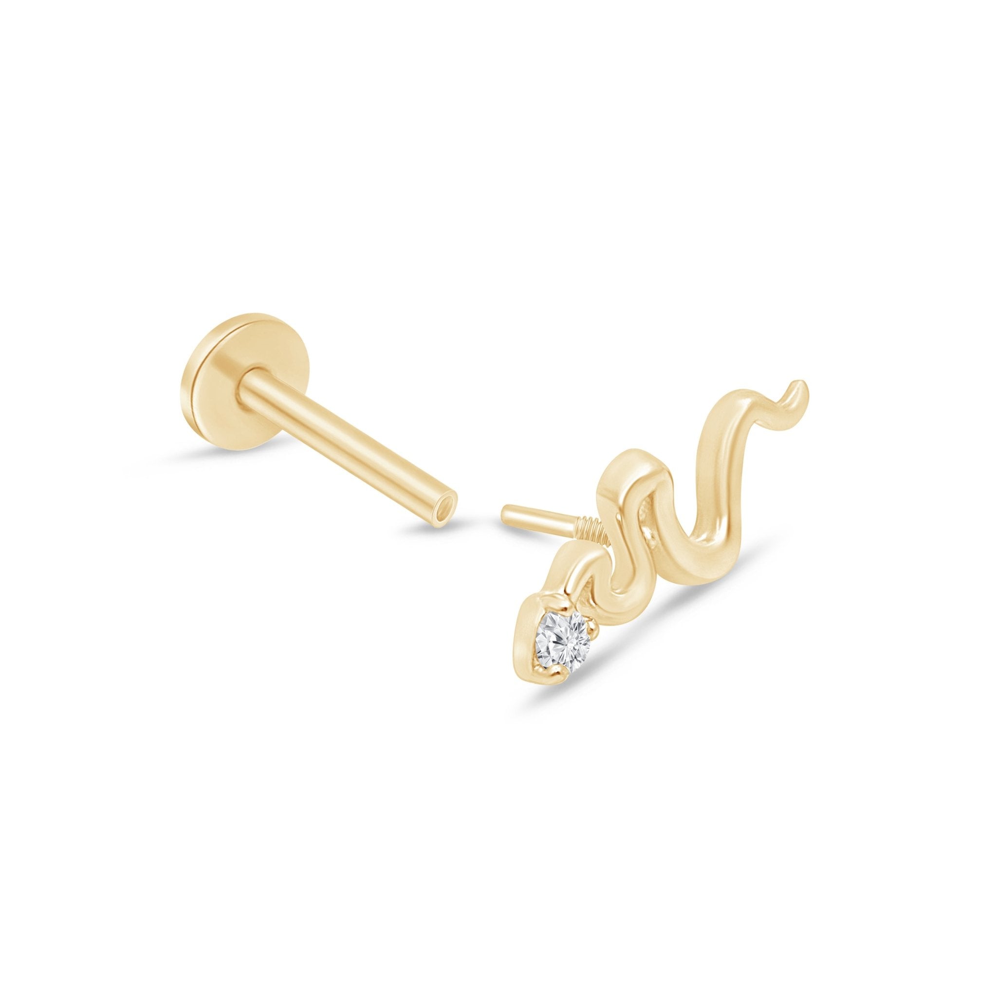 Gemstone Snake Flat Back Stud in Solid 14k Yellow Gold