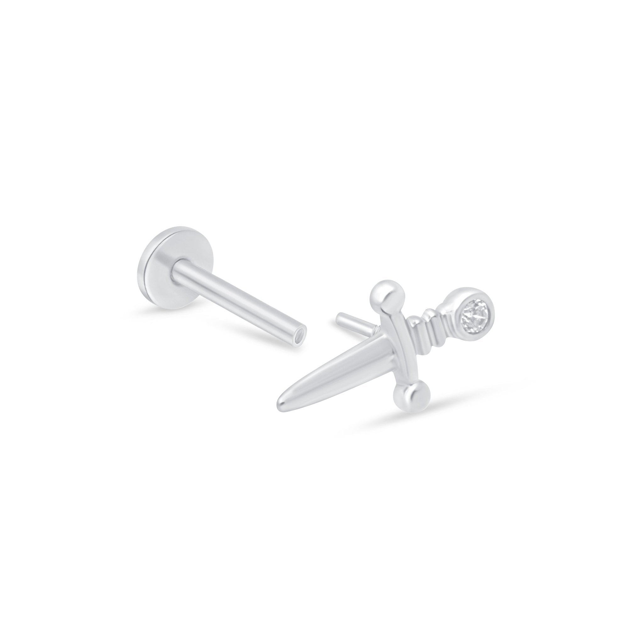 Dagger Flat Back Stud in Solid 14k White Gold