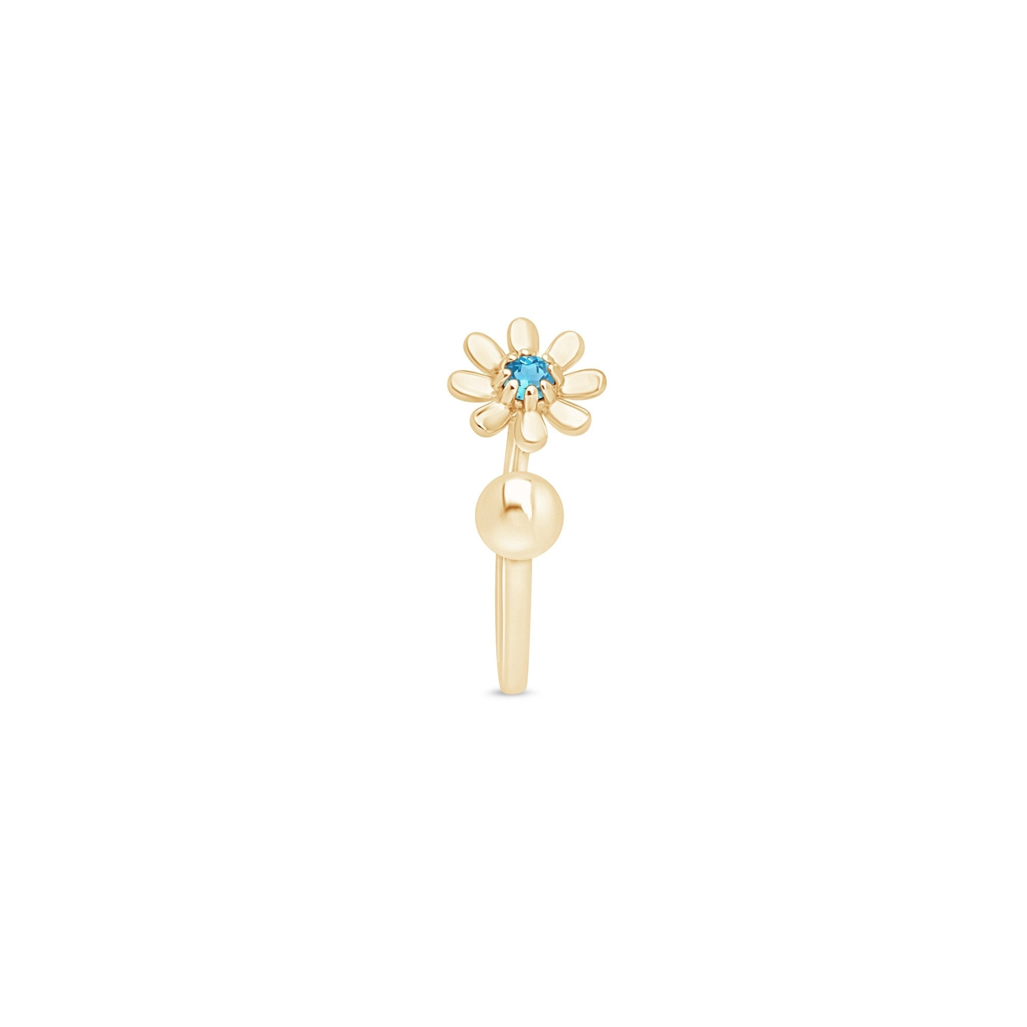 Blue Diamond Flower & Ball Reversible Huggie Hoop in Solid 14k Yellow Gold