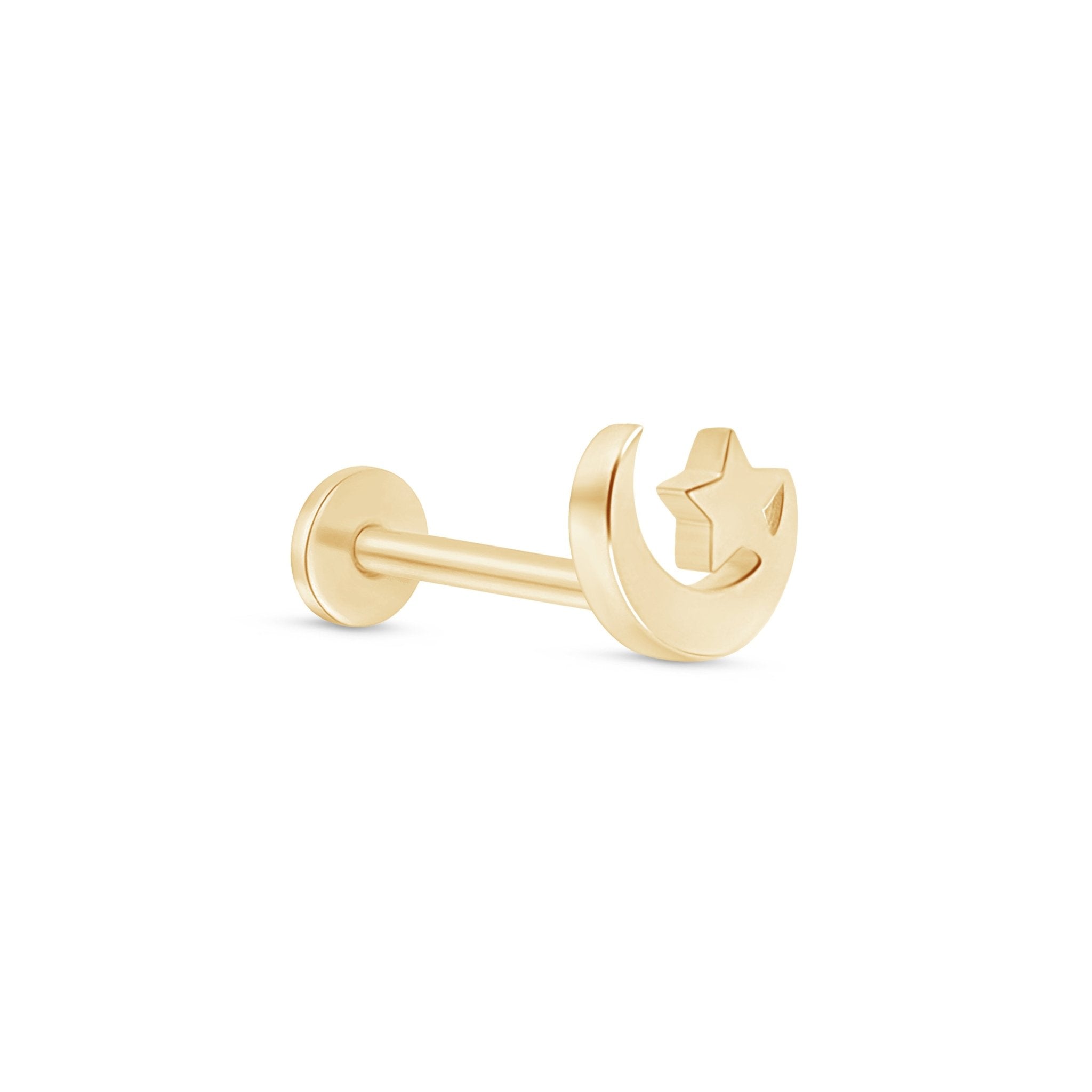 Crescent Moon and Star Flat Back Stud in Solid 14k Yellow Gold