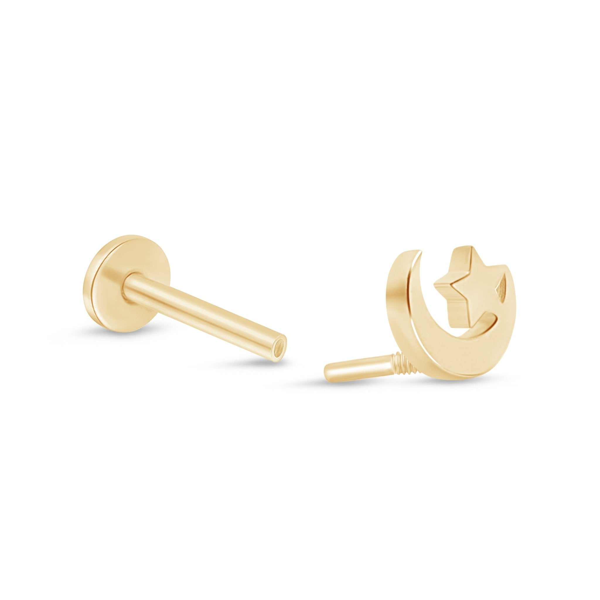 Crescent Moon and Star Flat Back Stud in Solid 14k Yellow Gold