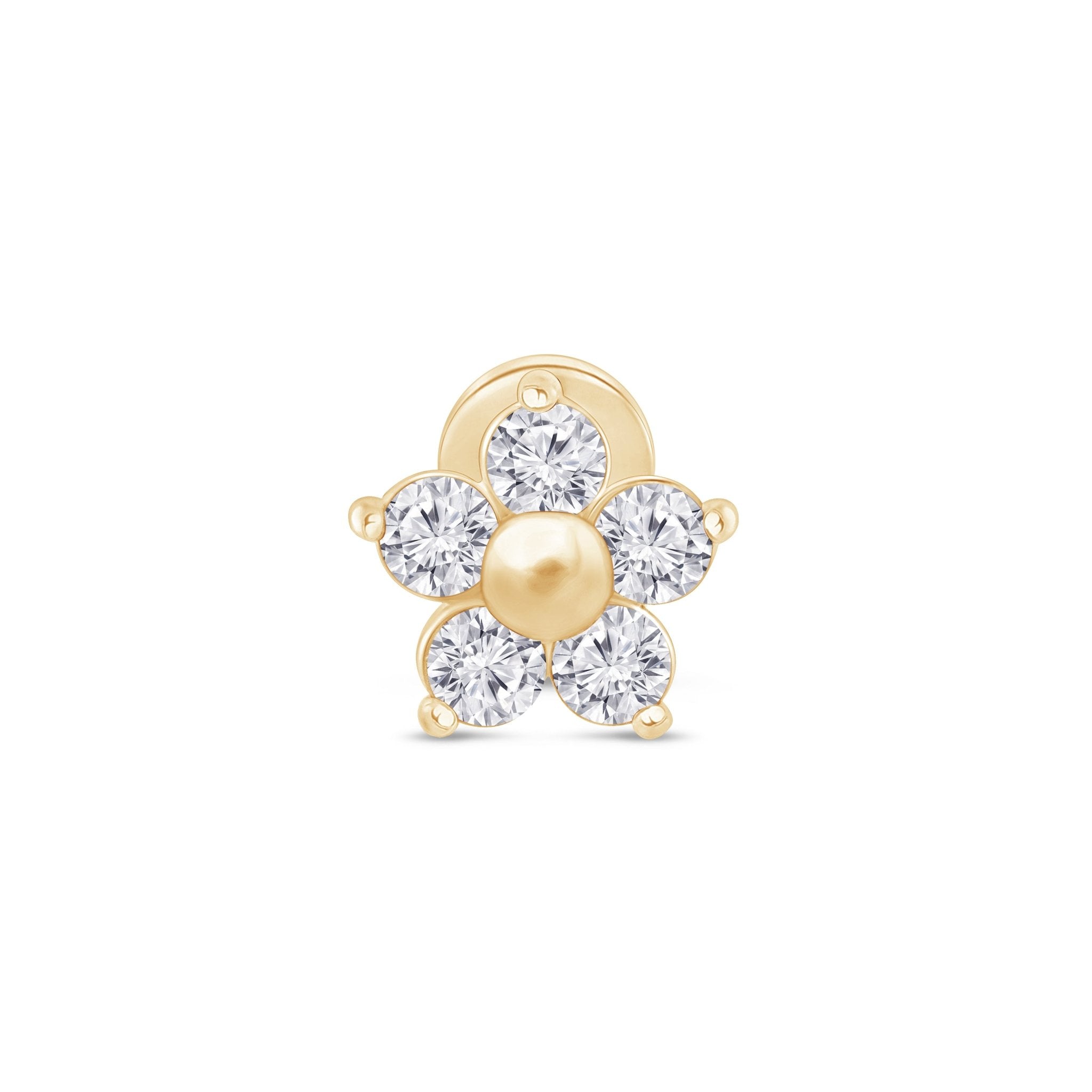 Diamond Flower Flat Back Stud in Solid 14k Yellow Gold