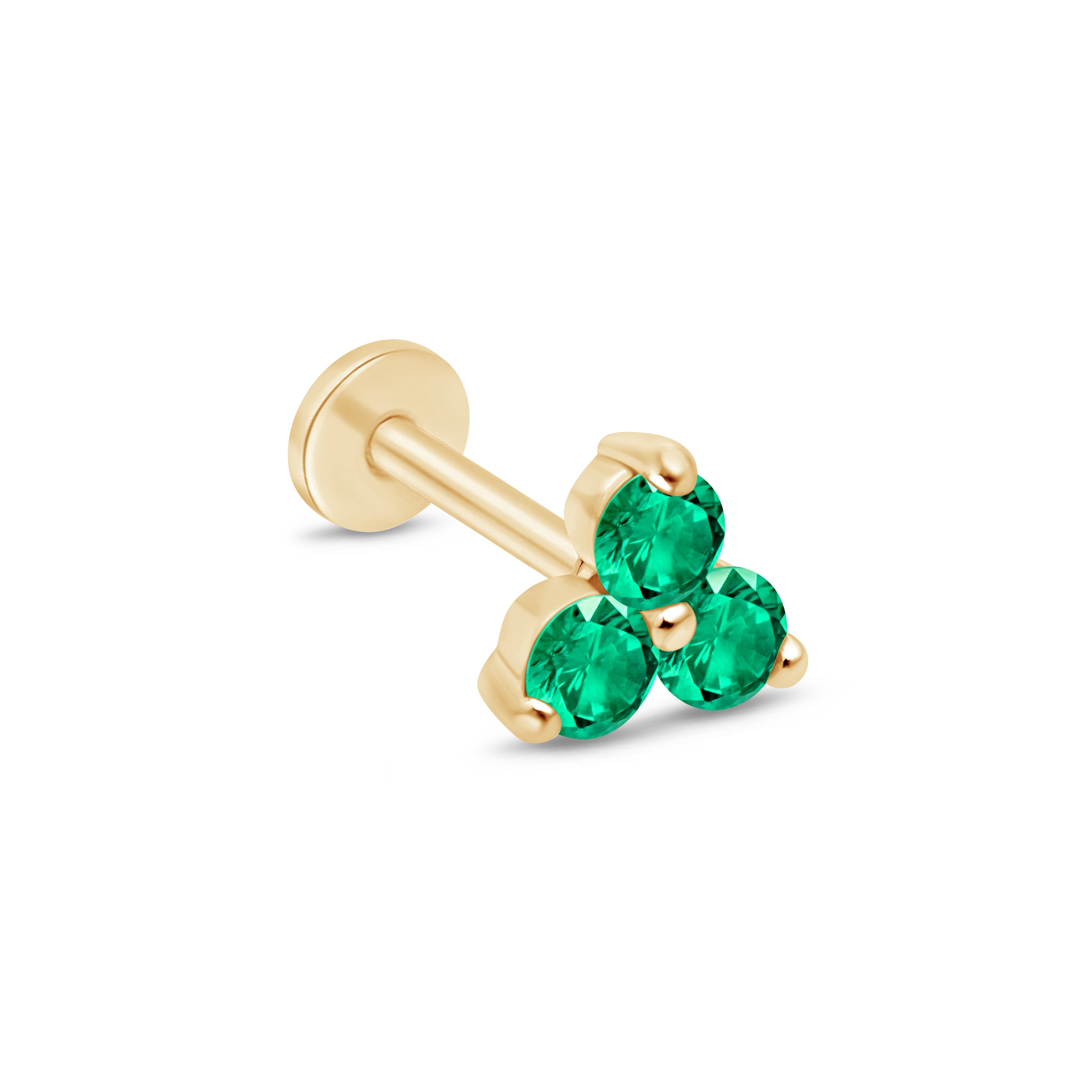 Emerald Trinity Cluster Flat Back Stud in Solid 14k Yellow Gold