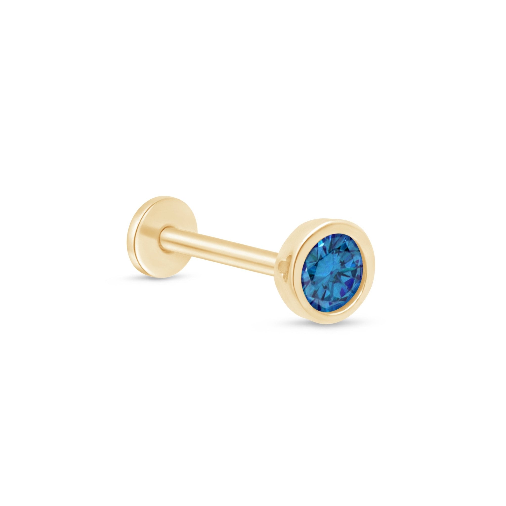 Round Blue Topaz Flat Back Stud Bezel Set in Solid 14k Yellow Gold