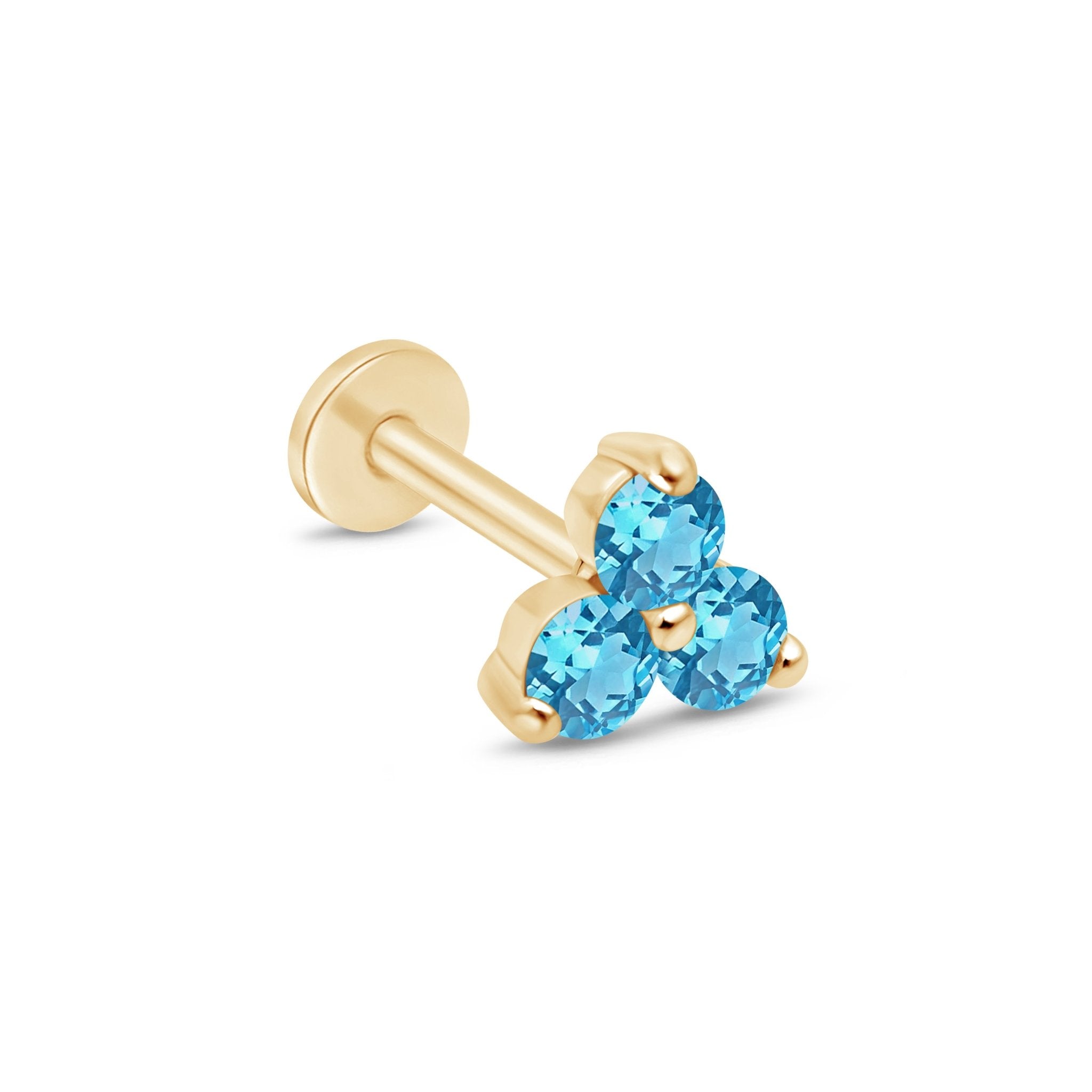 London Blue Topaz Trinity Cluster Flat Back Stud in Solid 14k Yellow Gold