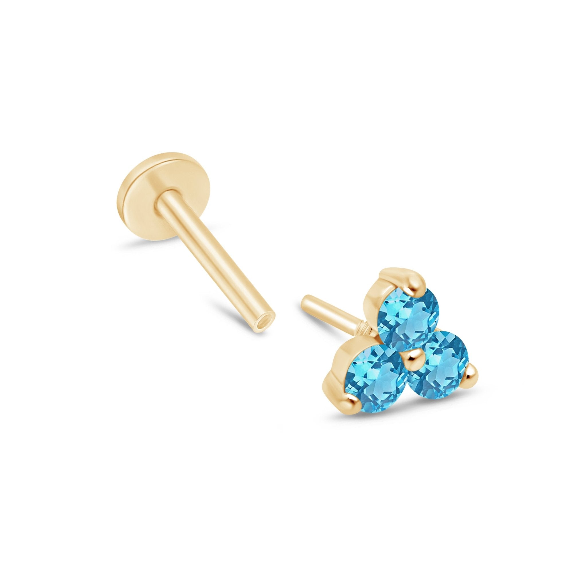 London Blue Topaz Trinity Cluster Flat Back Stud in Solid 14k Yellow Gold