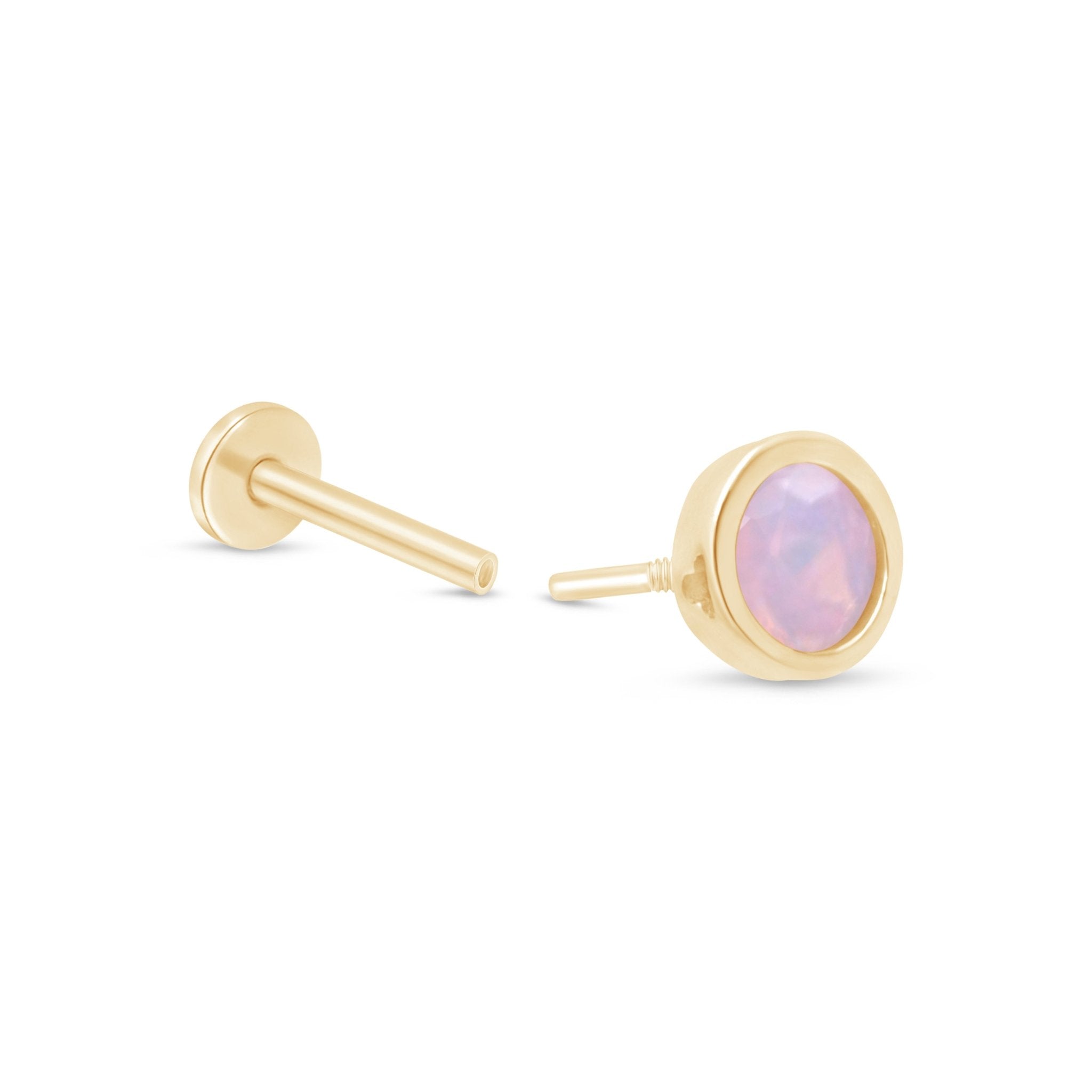Round Pink Opal Flat Back Stud Bezel Set in Solid 14k Yellow Gold