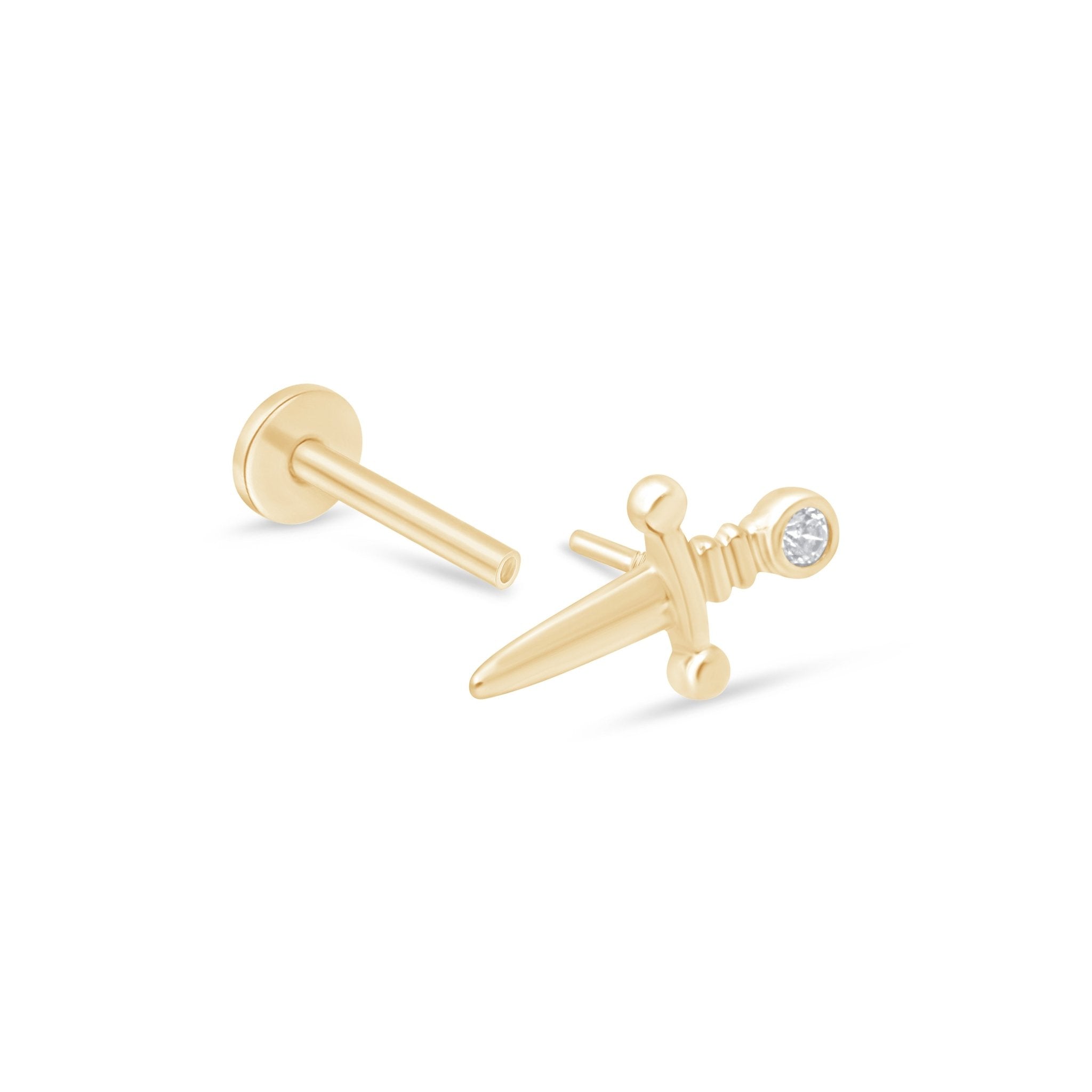 Gemstone Dagger Flat Back Stud in Solid 14k Yellow Gold