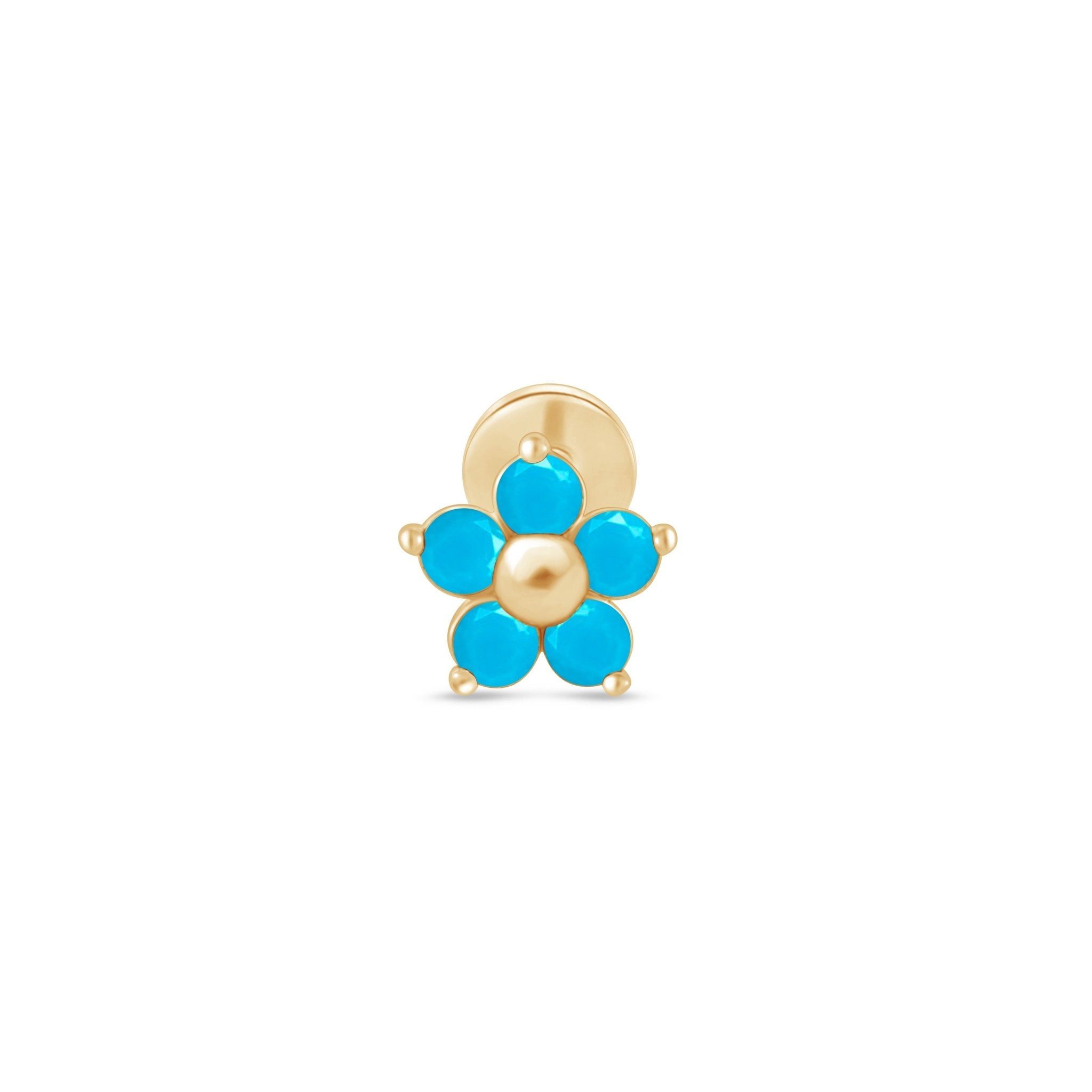 Turquoise Flower Flat Back Stud in Solid 14k Yellow Gold