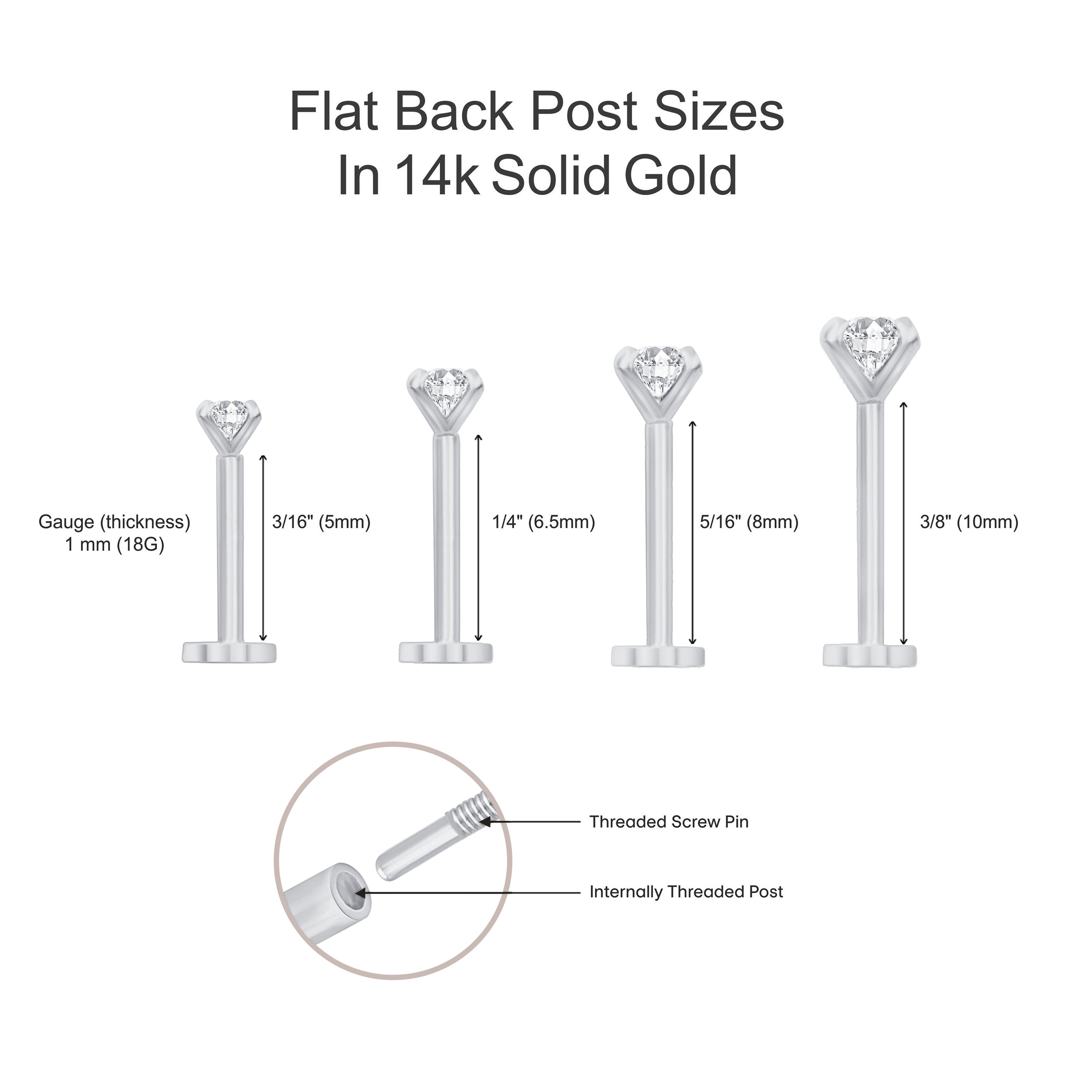 Marquise Stone Flat Back Stud in Solid 14k White Gold