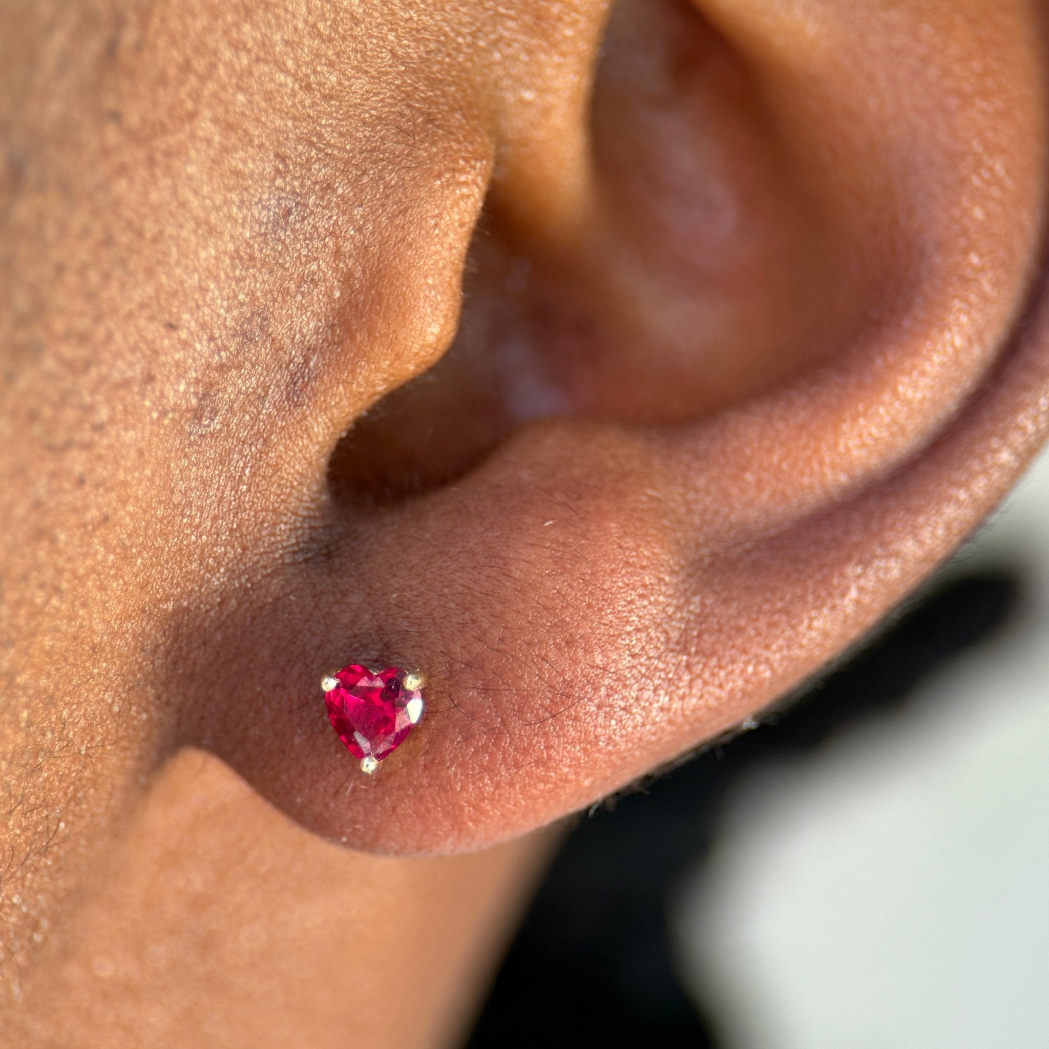Ruby Heart Flat Back Stud Earrings in Solid 14k Yellow Gold