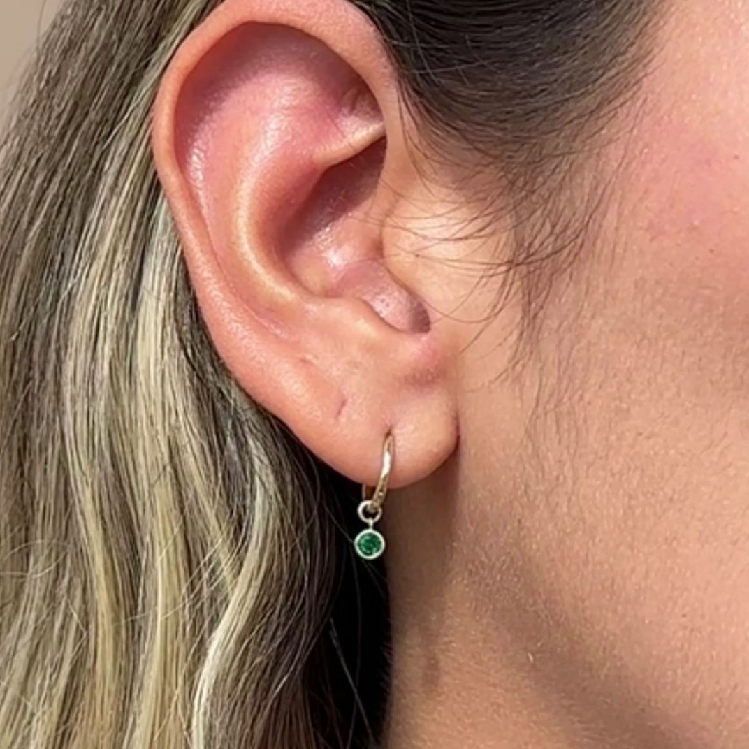 Hoop with Prong Set Emerald Charm in Solid 14k Yellow Gold