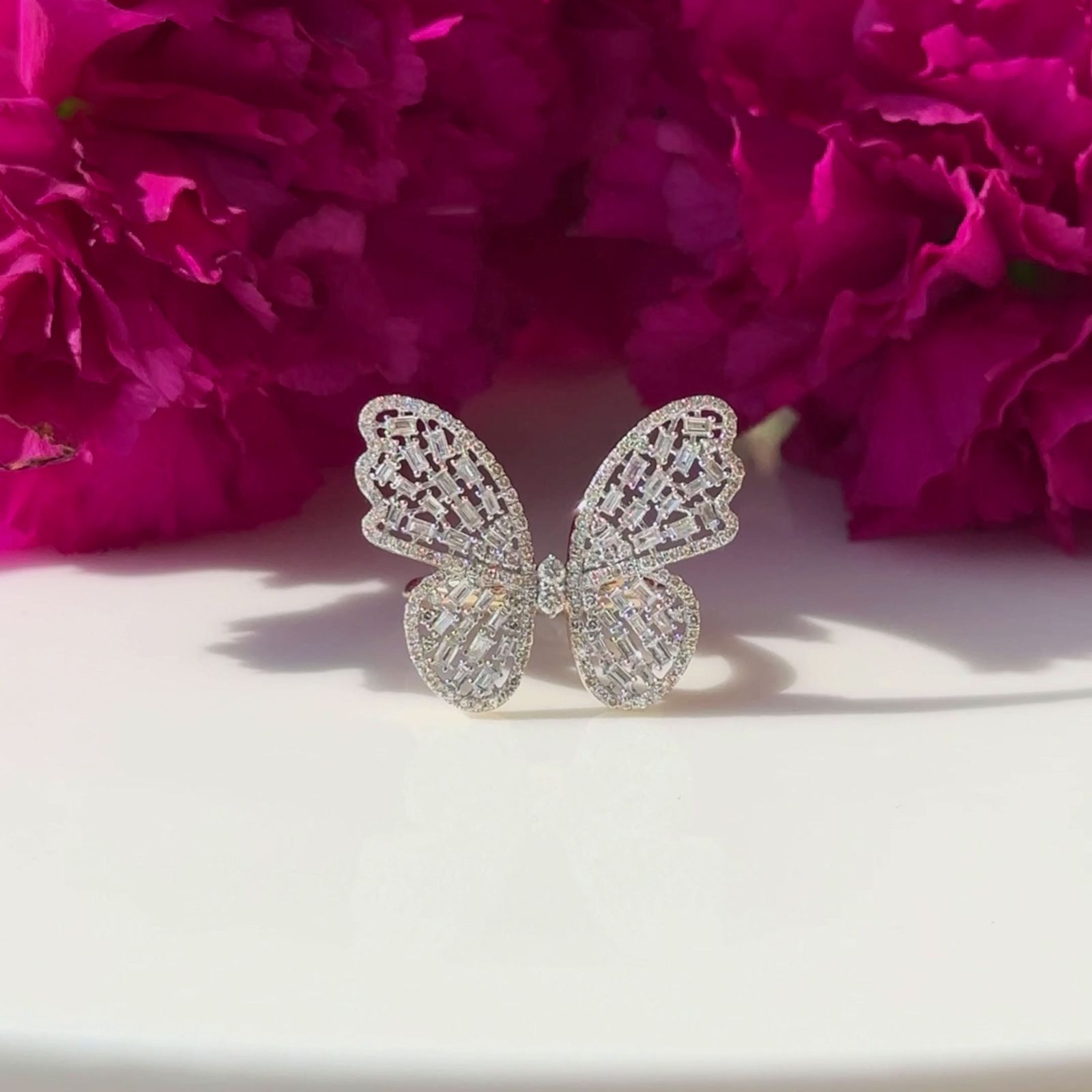 Baguette Diamond Butterfly Ring in Solid 14k Yellow Gold